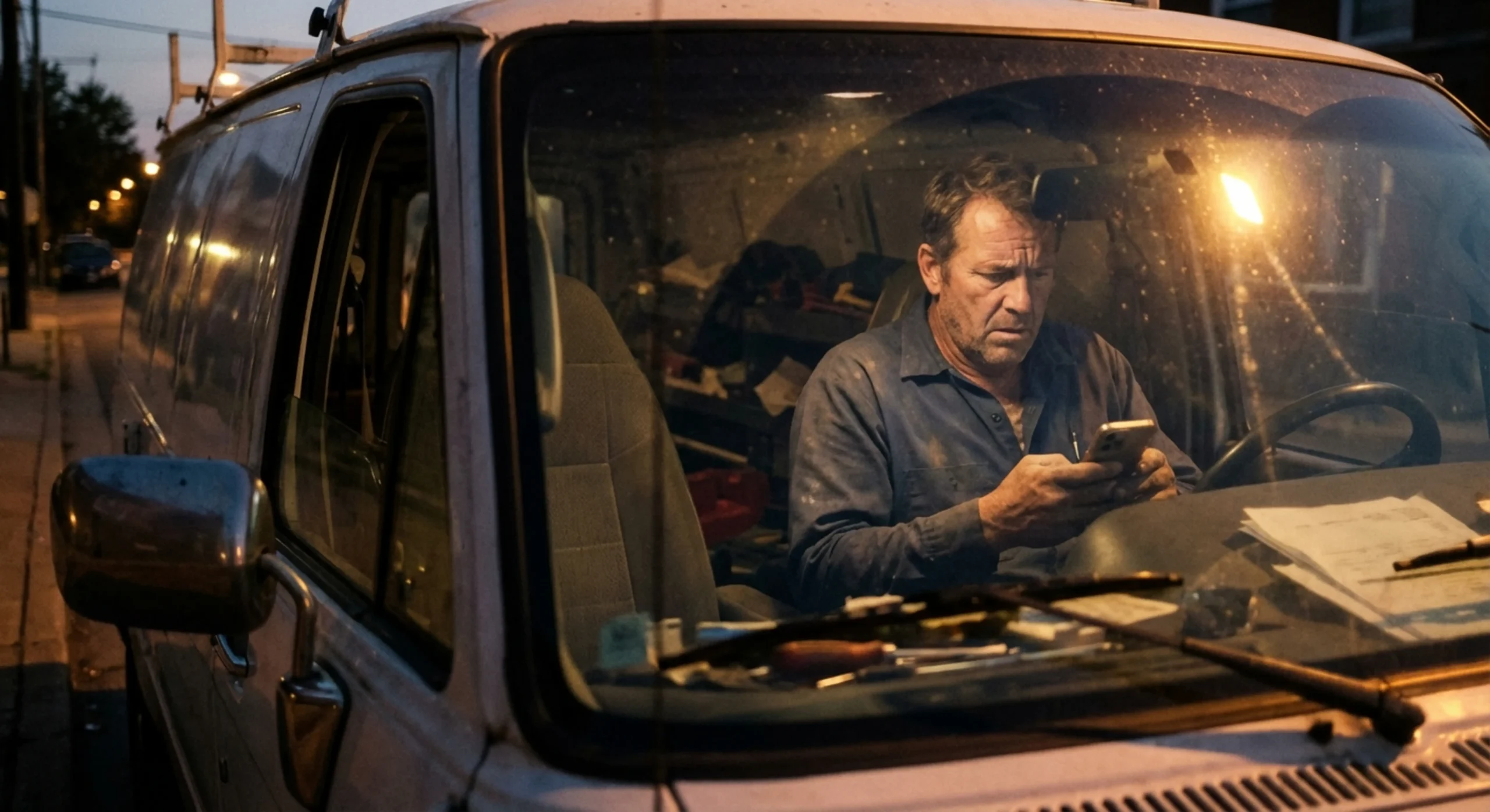 Chef d'entreprise BTP inquiet consultant ses comptes sur son téléphone dans son fourgon de travail.