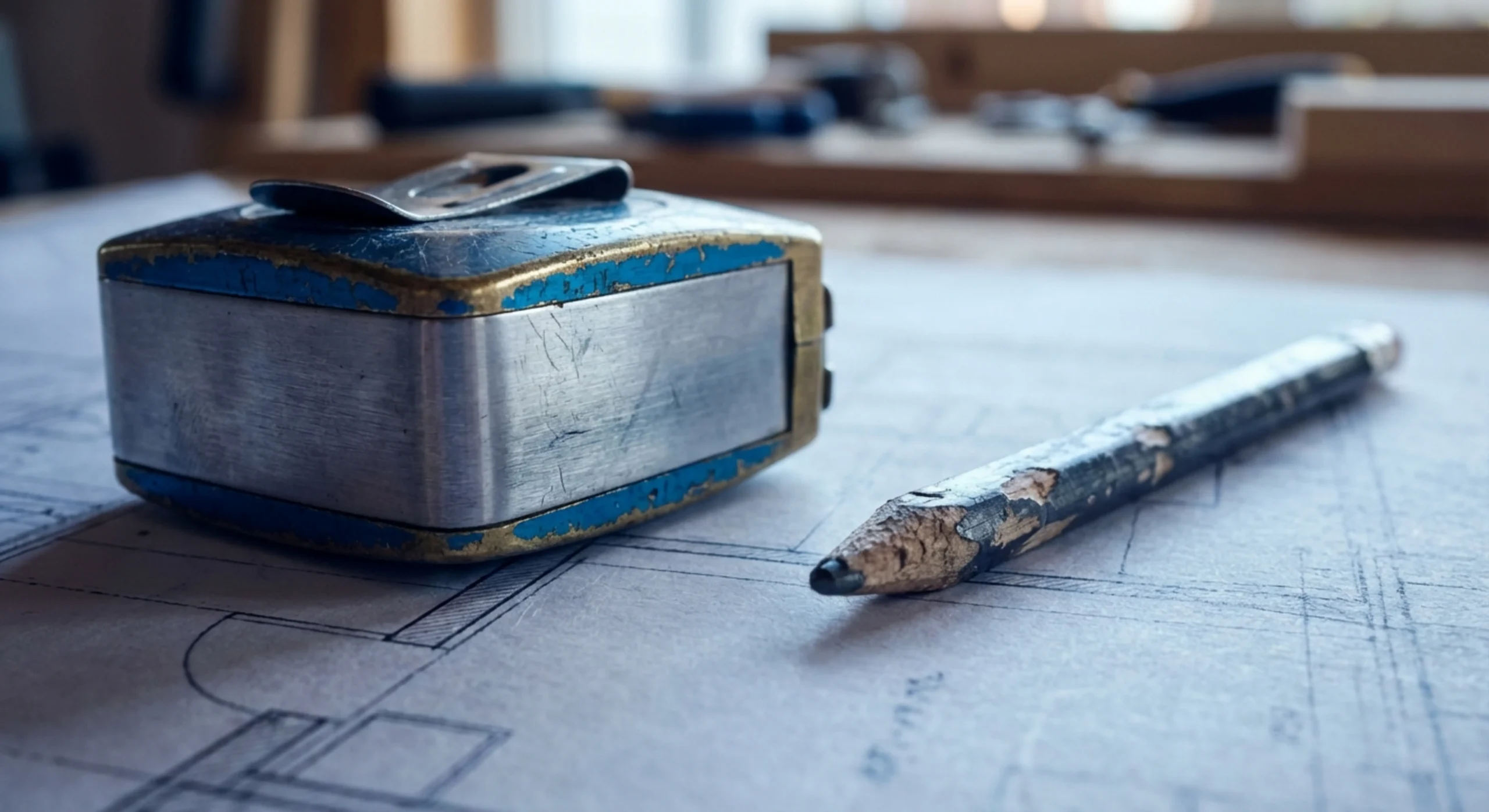 Gros plan macro d'un mètre ruban et d'un crayon sur un plan de construction.