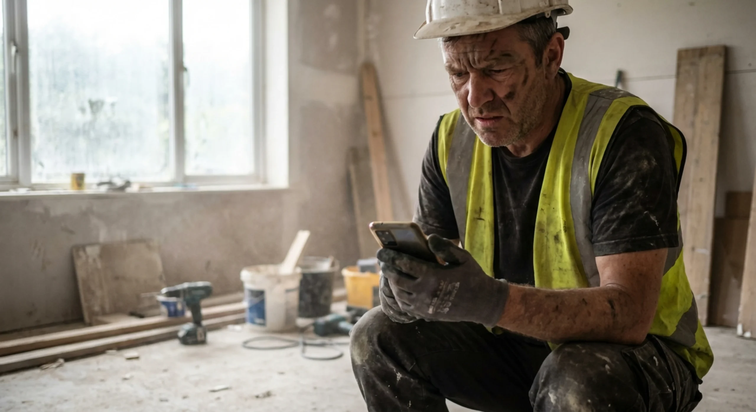 Professionnel du bâtiment sur un chantier cherchant désespérément une photo de fuite sur son téléphone portable.