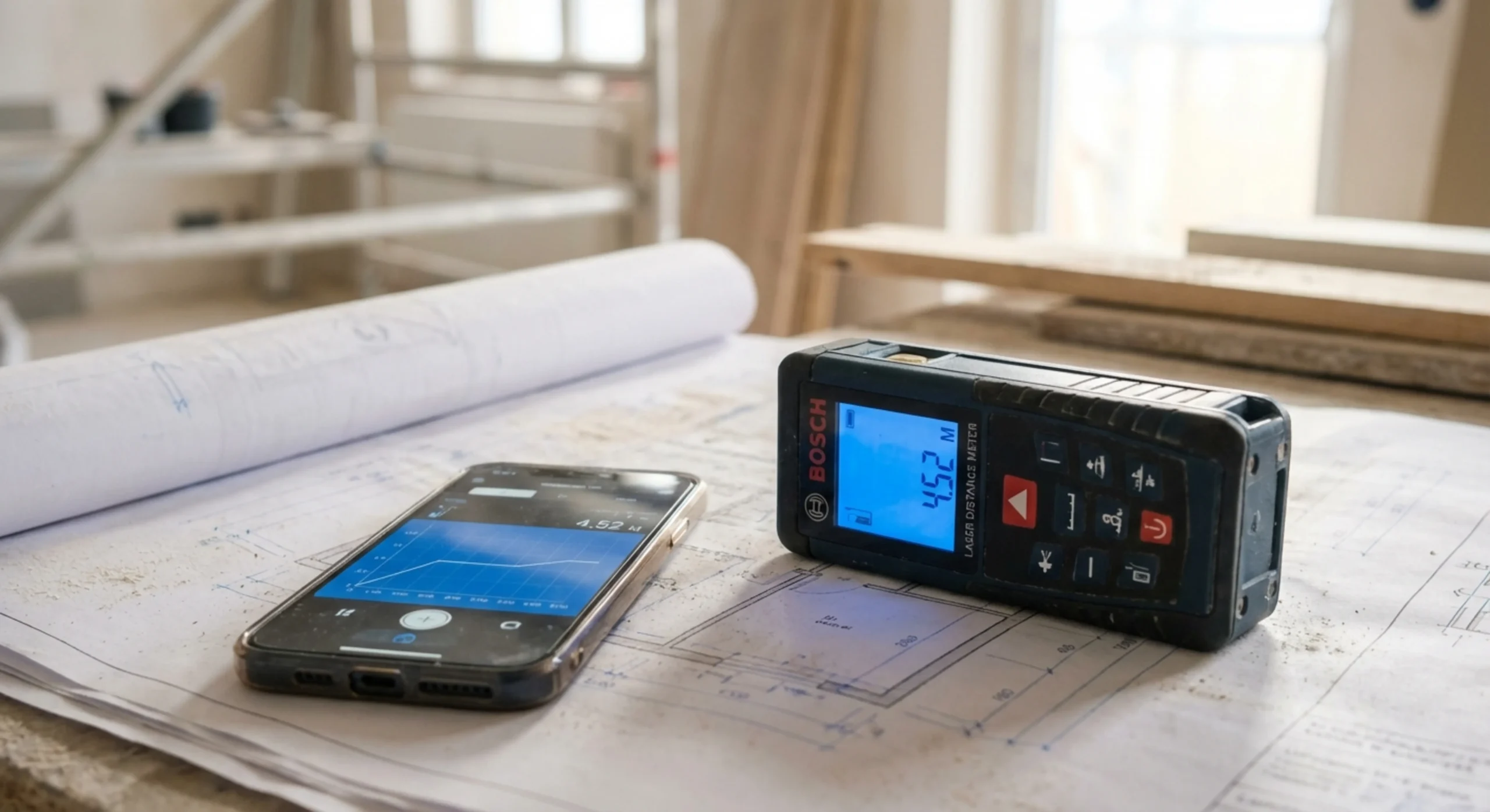 Gros plan macro sur un télémètre laser et un smartphone posés sur un plan de rénovation.