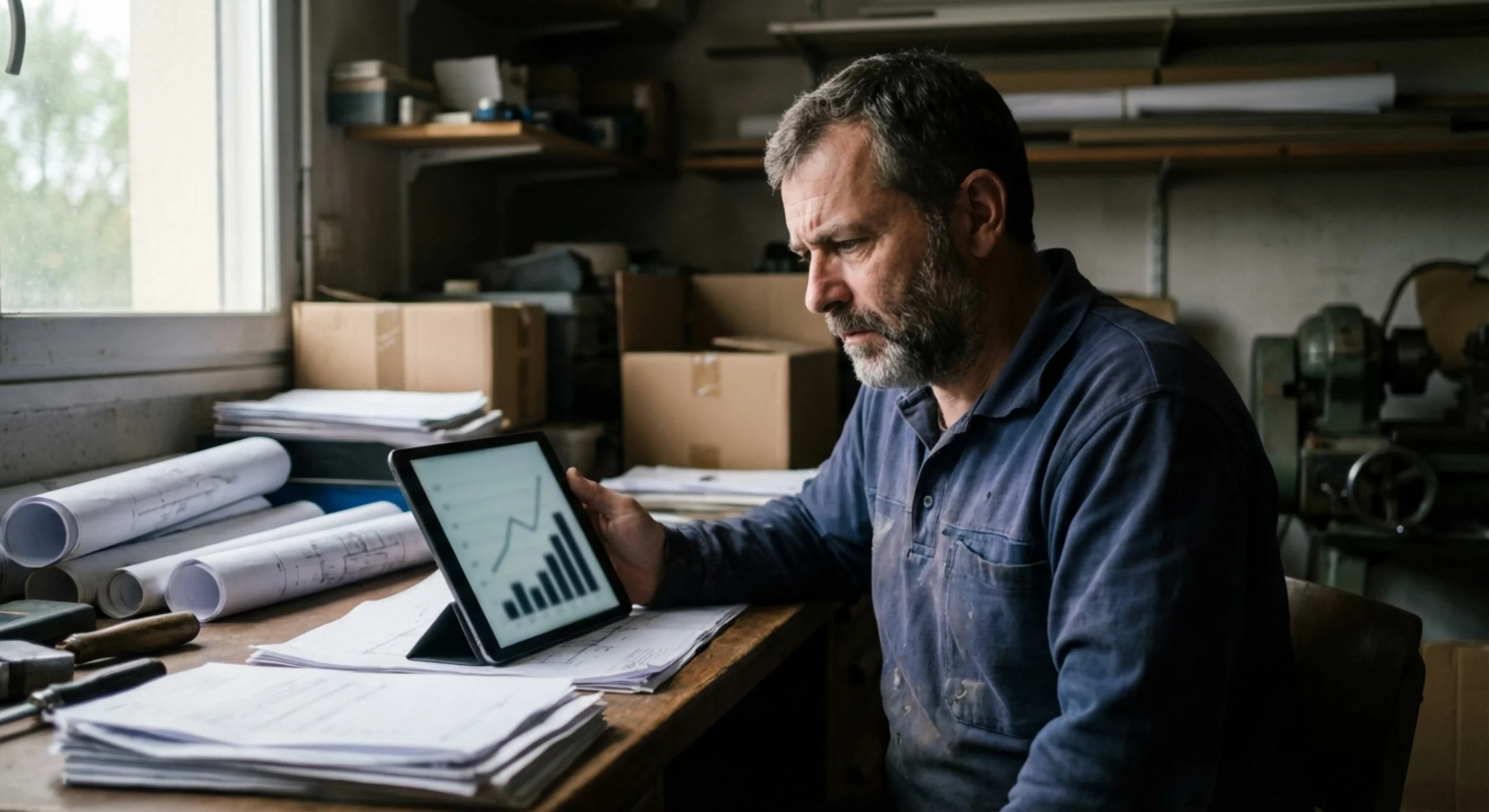 Un chef d'entreprise artisanale analyse ses marges avec préoccupation dans son bureau.