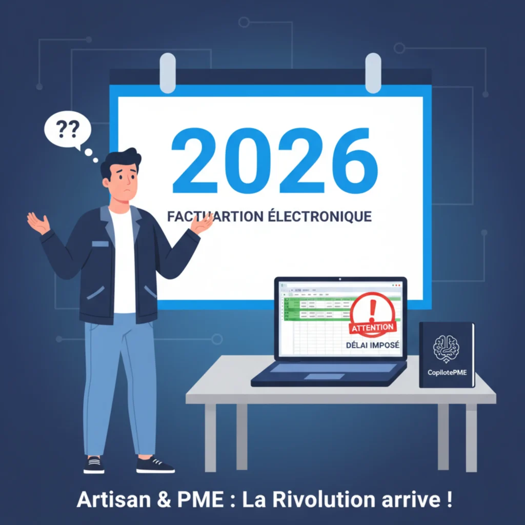 Illustration vectorielle d'un artisan face à l'échéance de la facturation électronique 2026 et un tableur Excel obsolète.