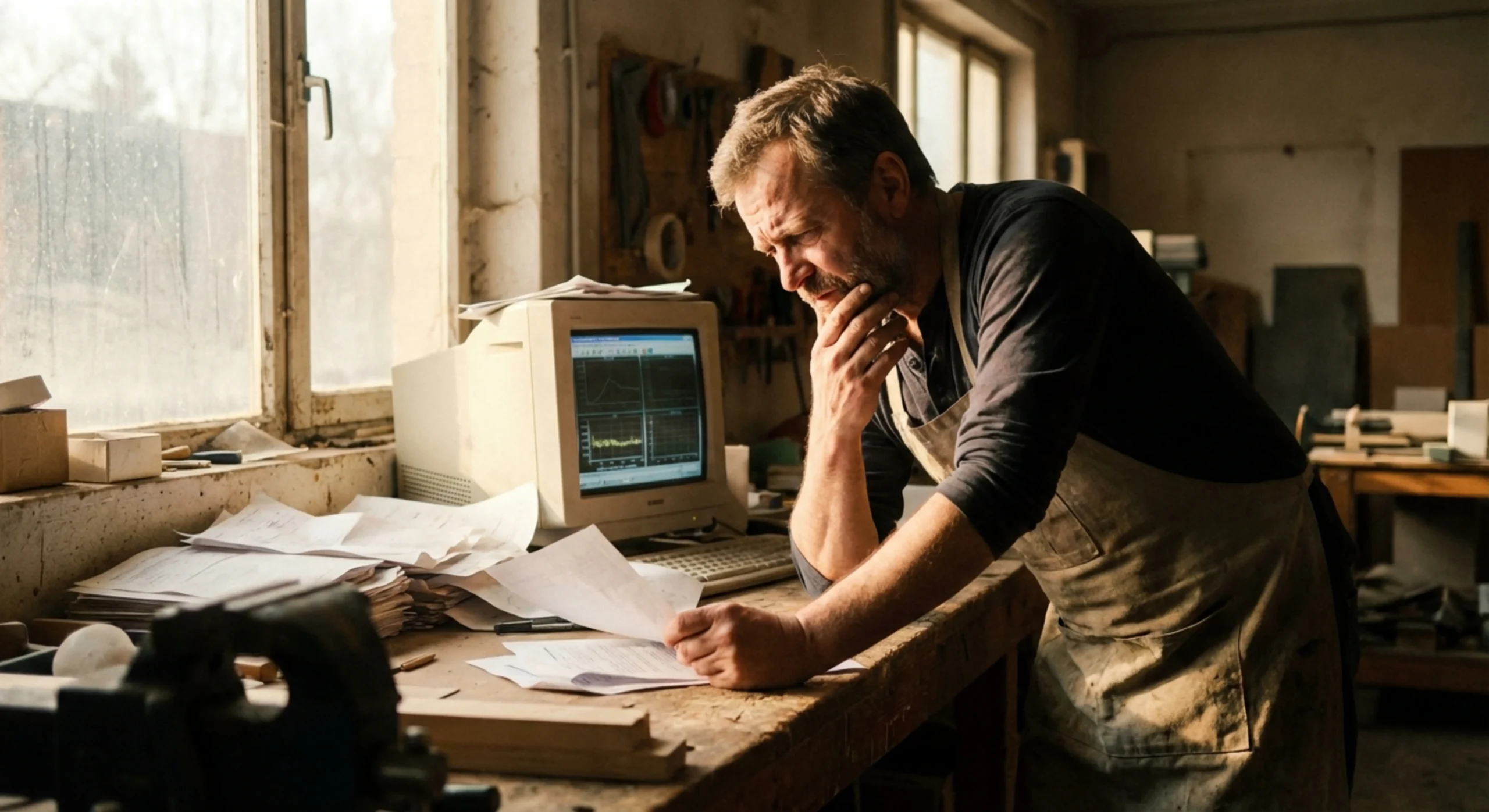 Photographie authentique d'un chef d'entreprise TPE inquiet pour la conformité de son logiciel de facturation.