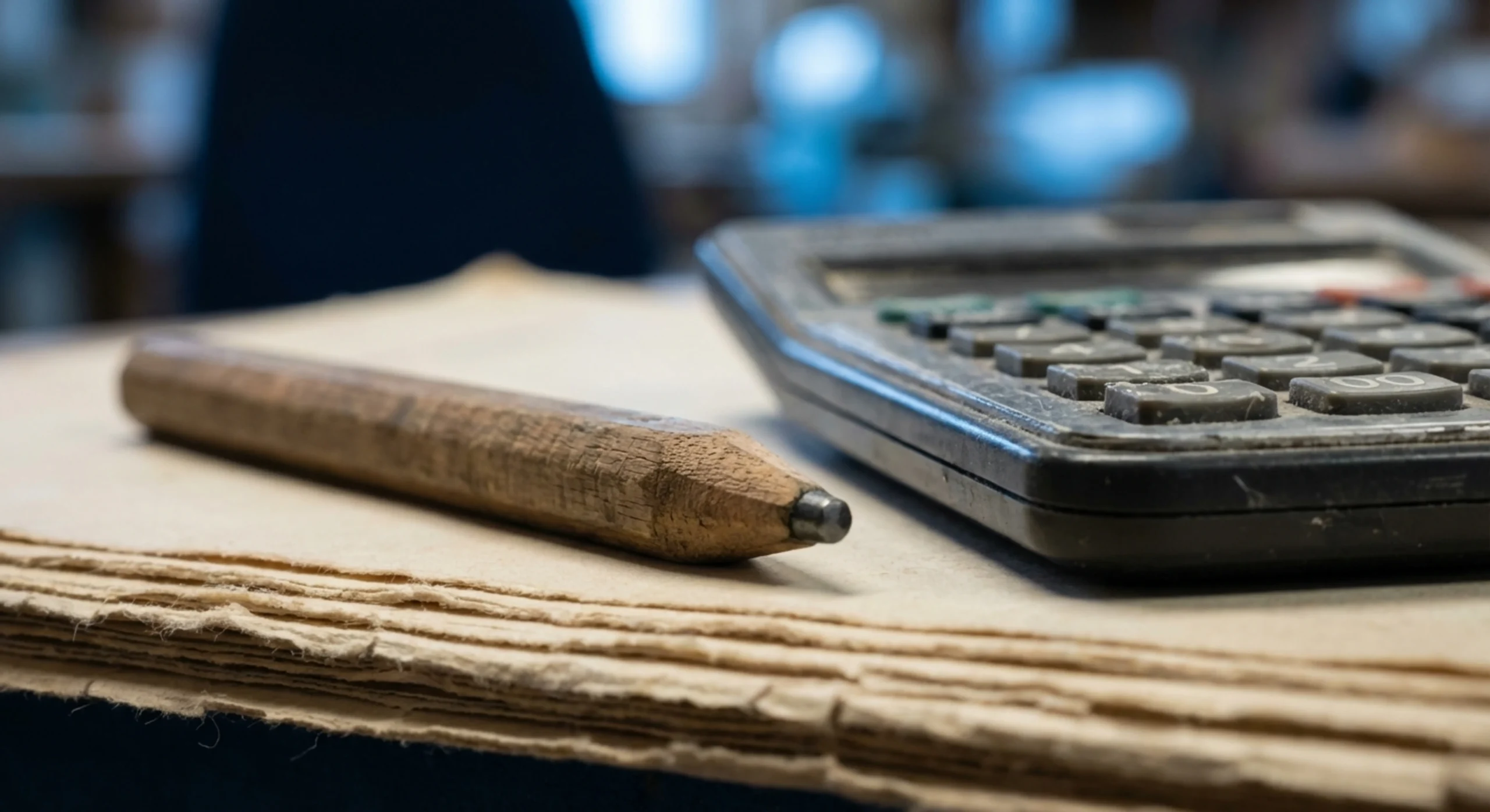 Gros plan macro sur des outils de travail artisanaux et des factures papier traditionnelles.