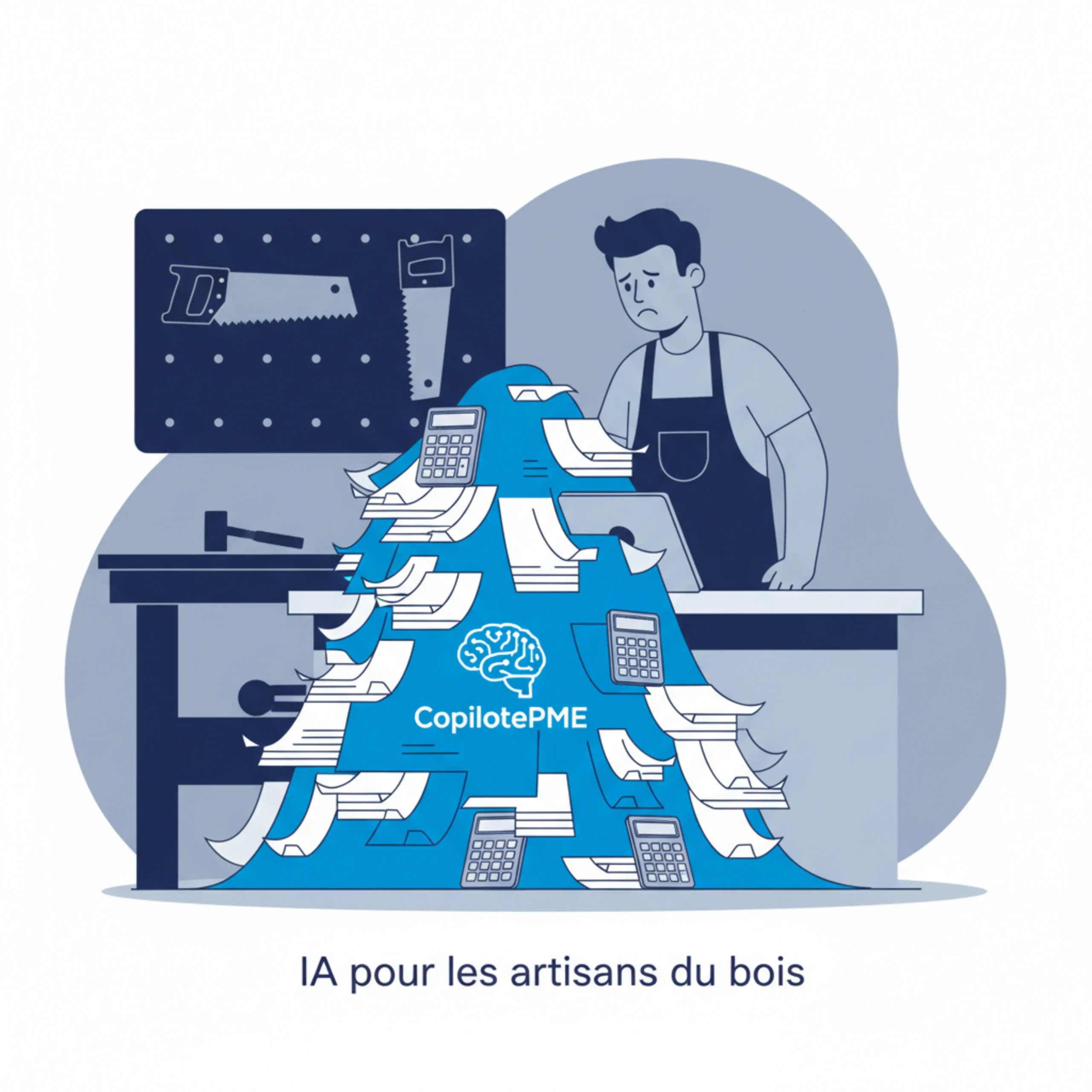 Illustration vectorielle d'un menuisier submergé par les plans et les devis administratifs