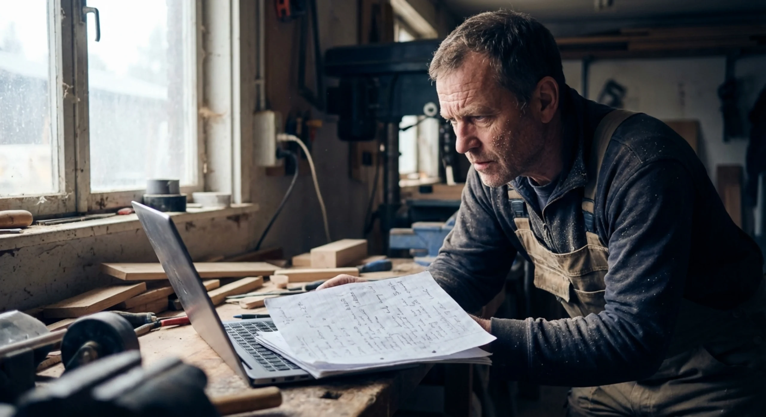 Menuisier professionnel dans son atelier face à une pile de devis et de paperasse technique