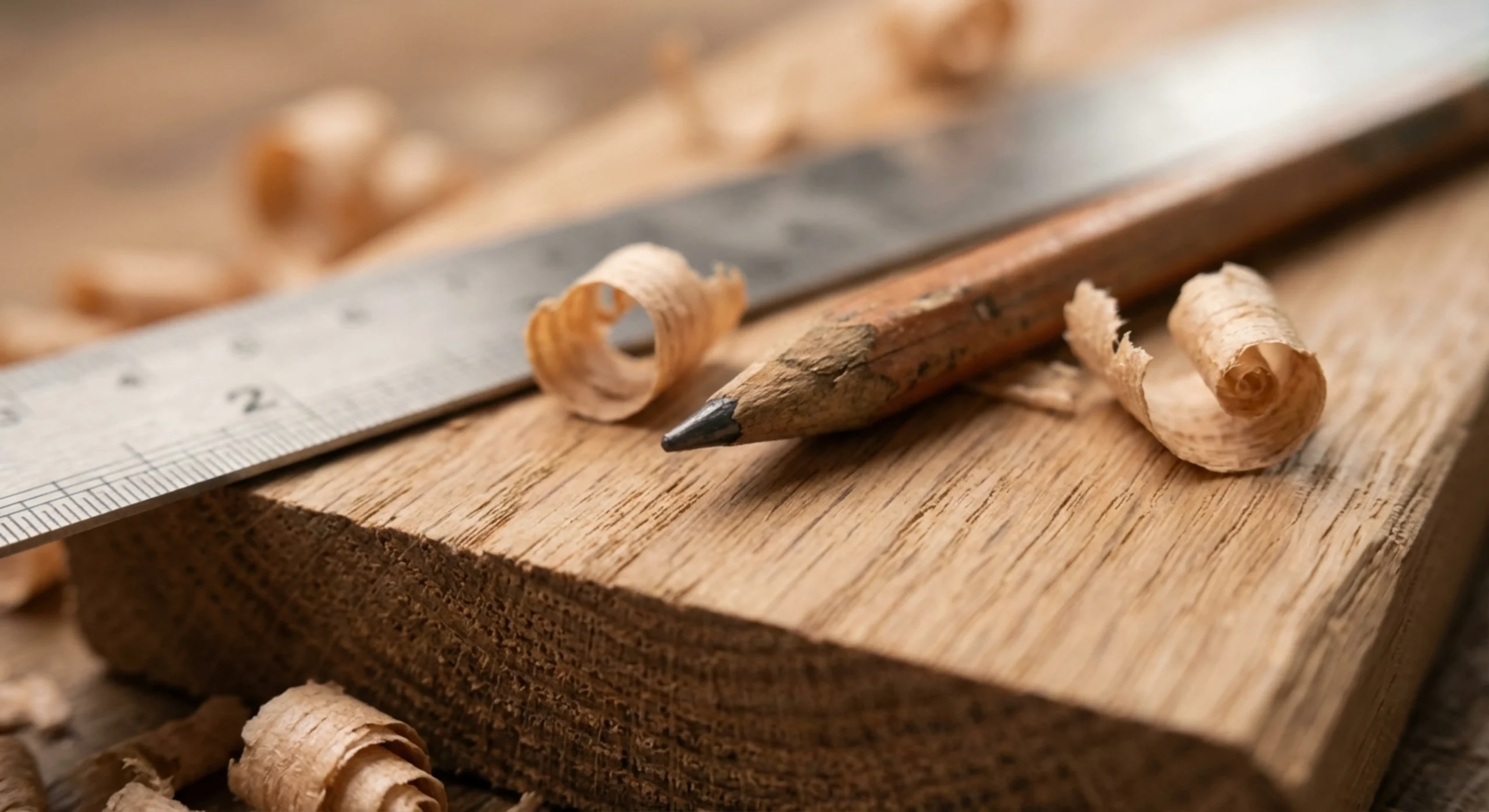 Gros plan macro sur des outils de traçage et des copeaux de bois noble