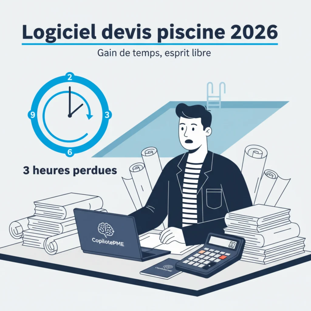 Illustration vectorielle d'un artisan pisciniste débordé par la rédaction manuelle d'un devis.