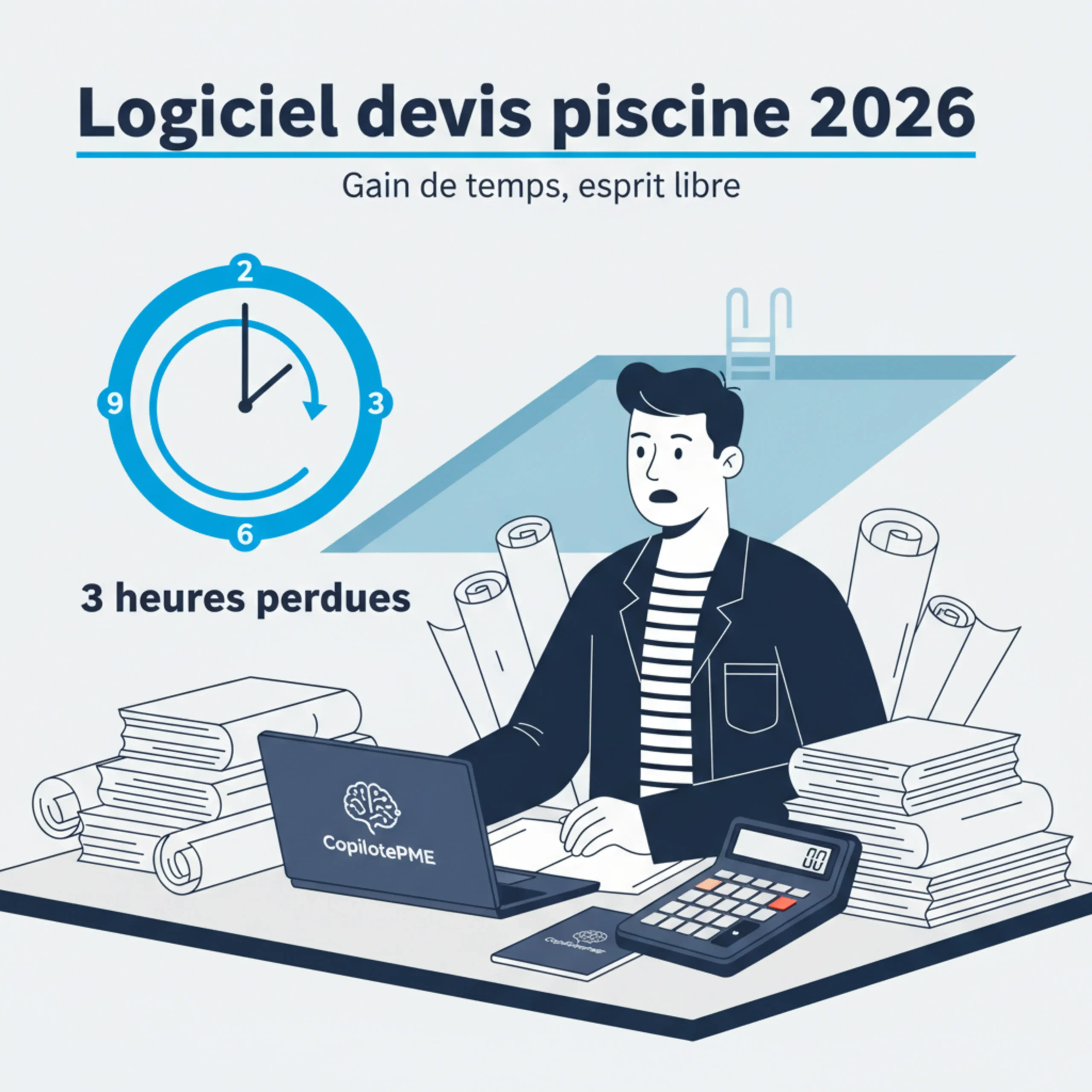 Illustration vectorielle d'un artisan pisciniste débordé par la rédaction manuelle d'un devis.