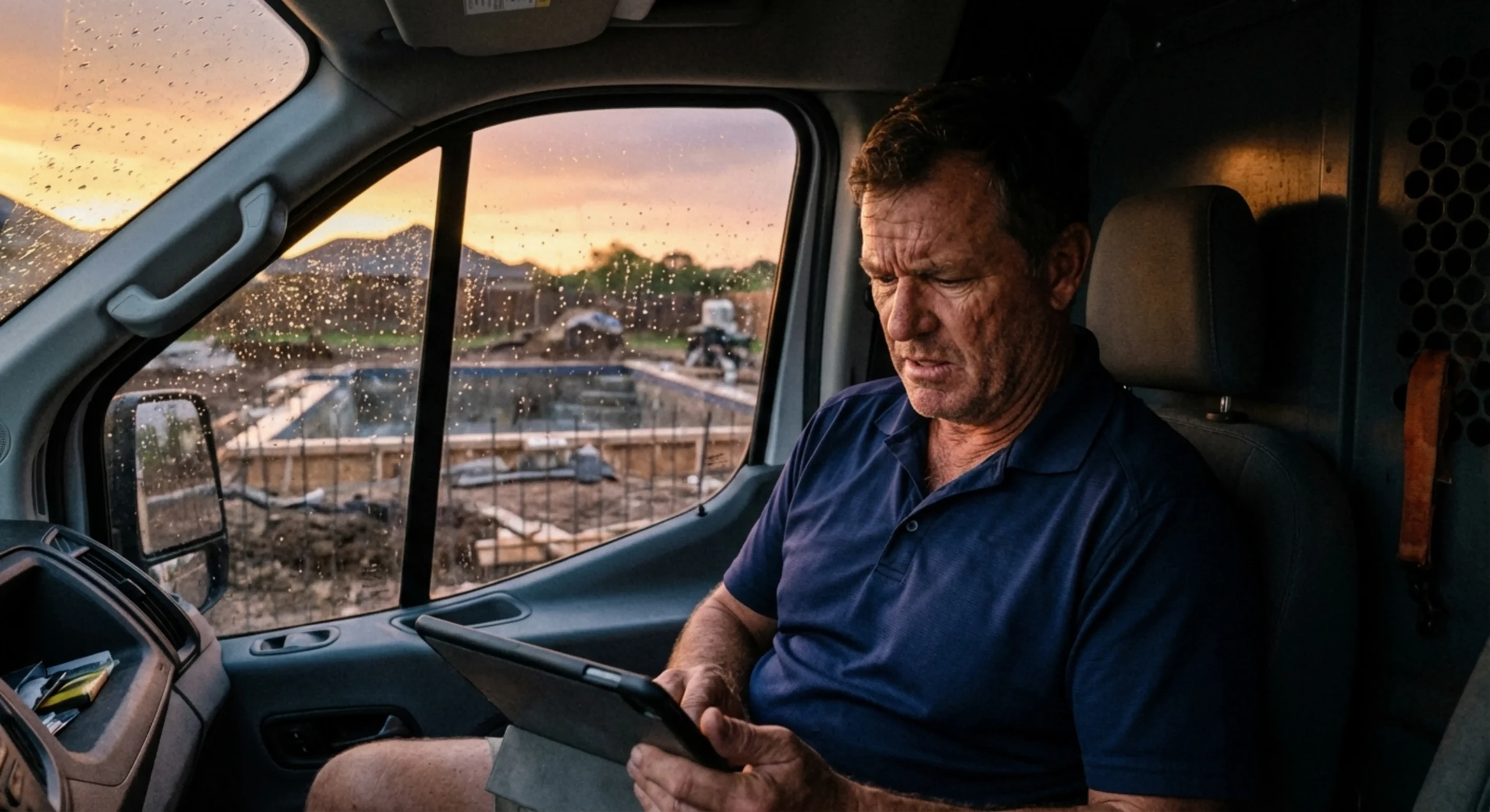 Pisciniste professionnel analysant un dossier technique dans son camion de chantier.