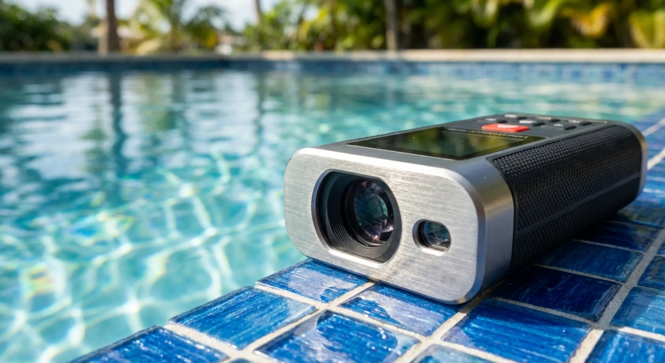 Gros plan sur un outil de mesure de précision au bord d'une piscine en mosaïque.