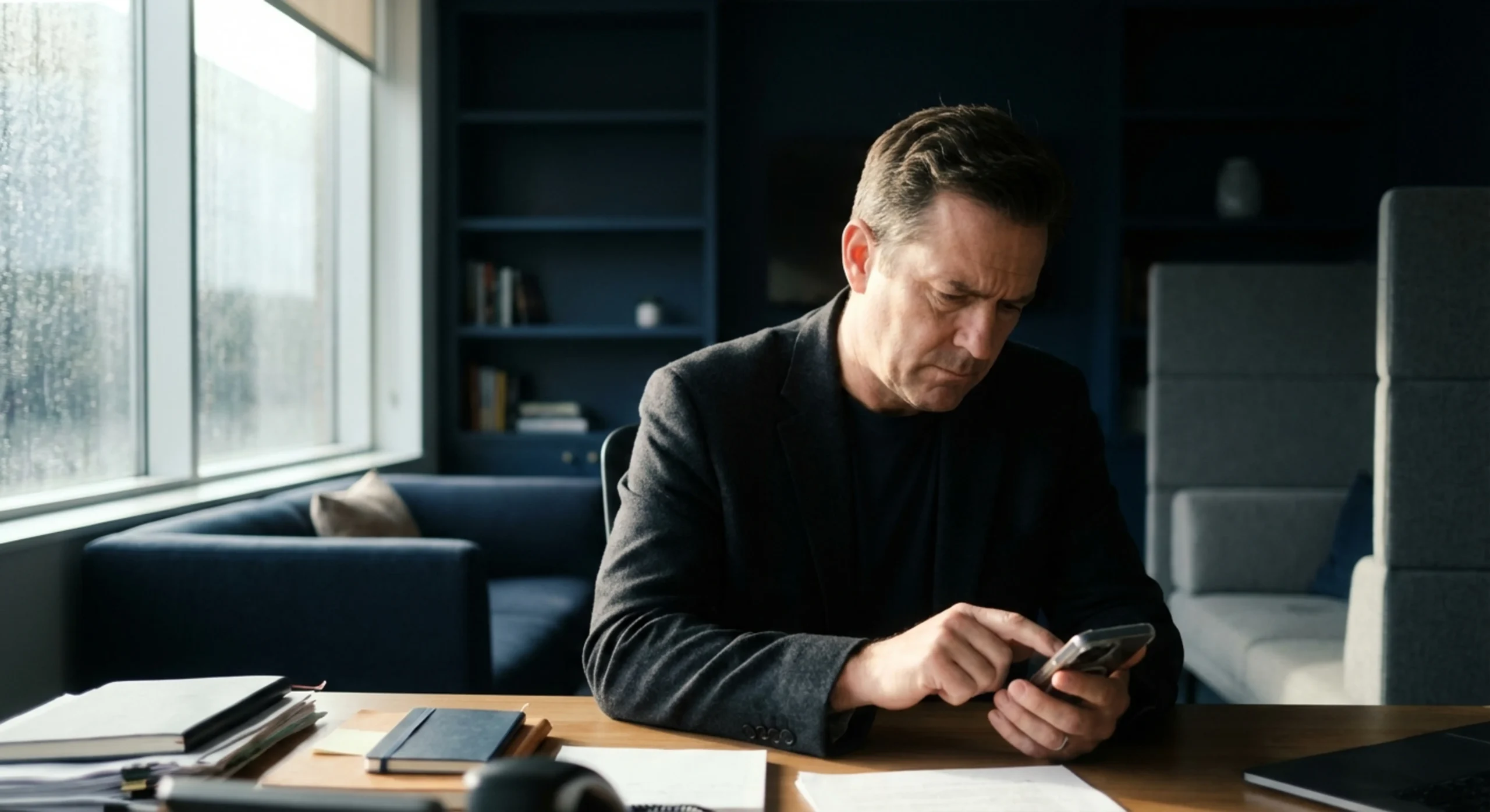 Un responsable de PME concentré et préoccupé consultant un avis Google sur son smartphone dans un bureau élégant.