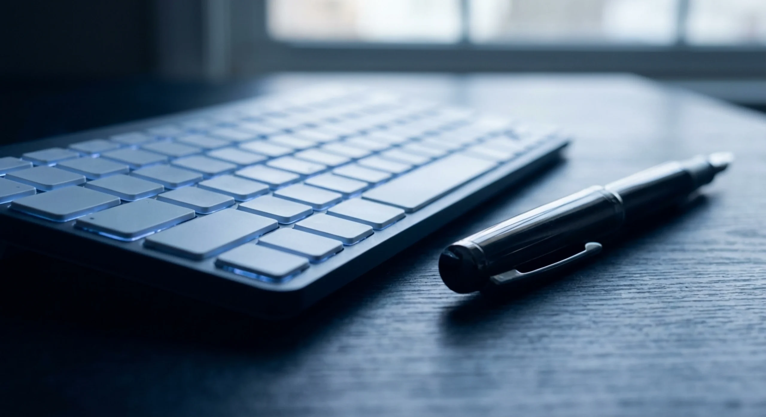 Gros plan macro d'un clavier d'ordinateur et d'un stylo de qualité, symbolisant la rédaction soignée d'une réponse.