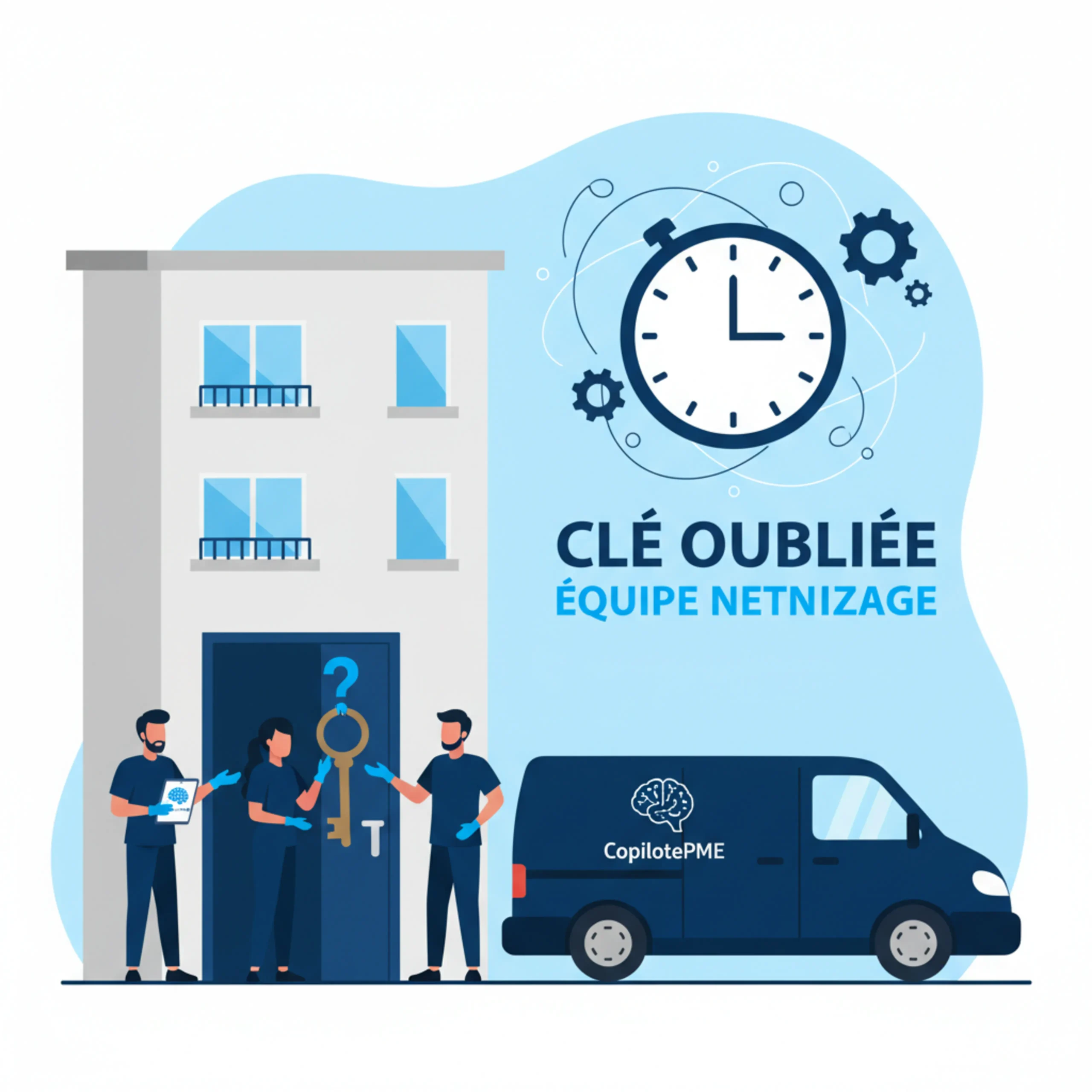 Illustration vectorielle d'une équipe de nettoyage bloquée devant un immeuble à 8h du matin.