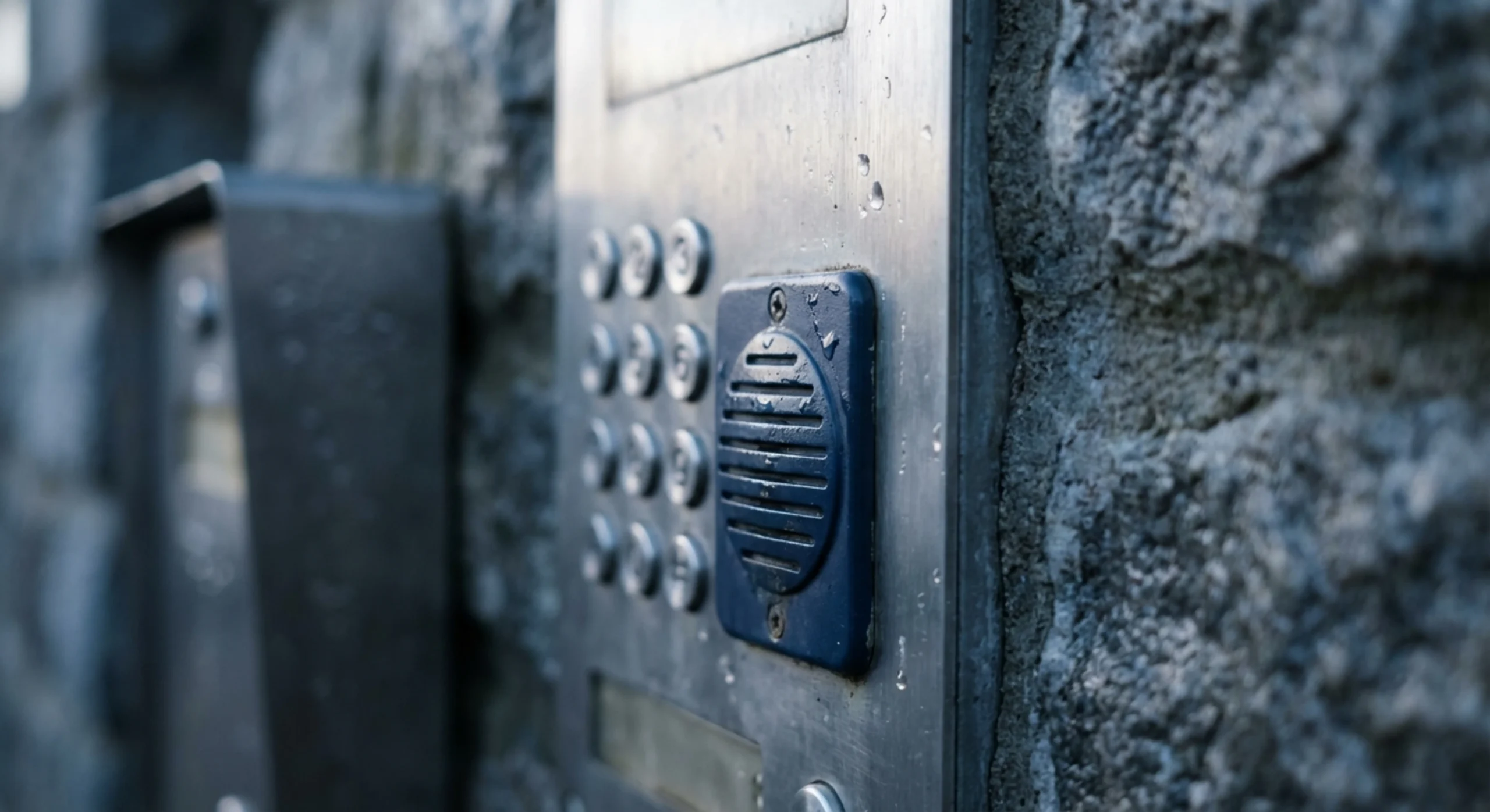 Gros plan artistique d'un digicode d'immeuble, symbolisant l'accès impossible pour l'équipe.