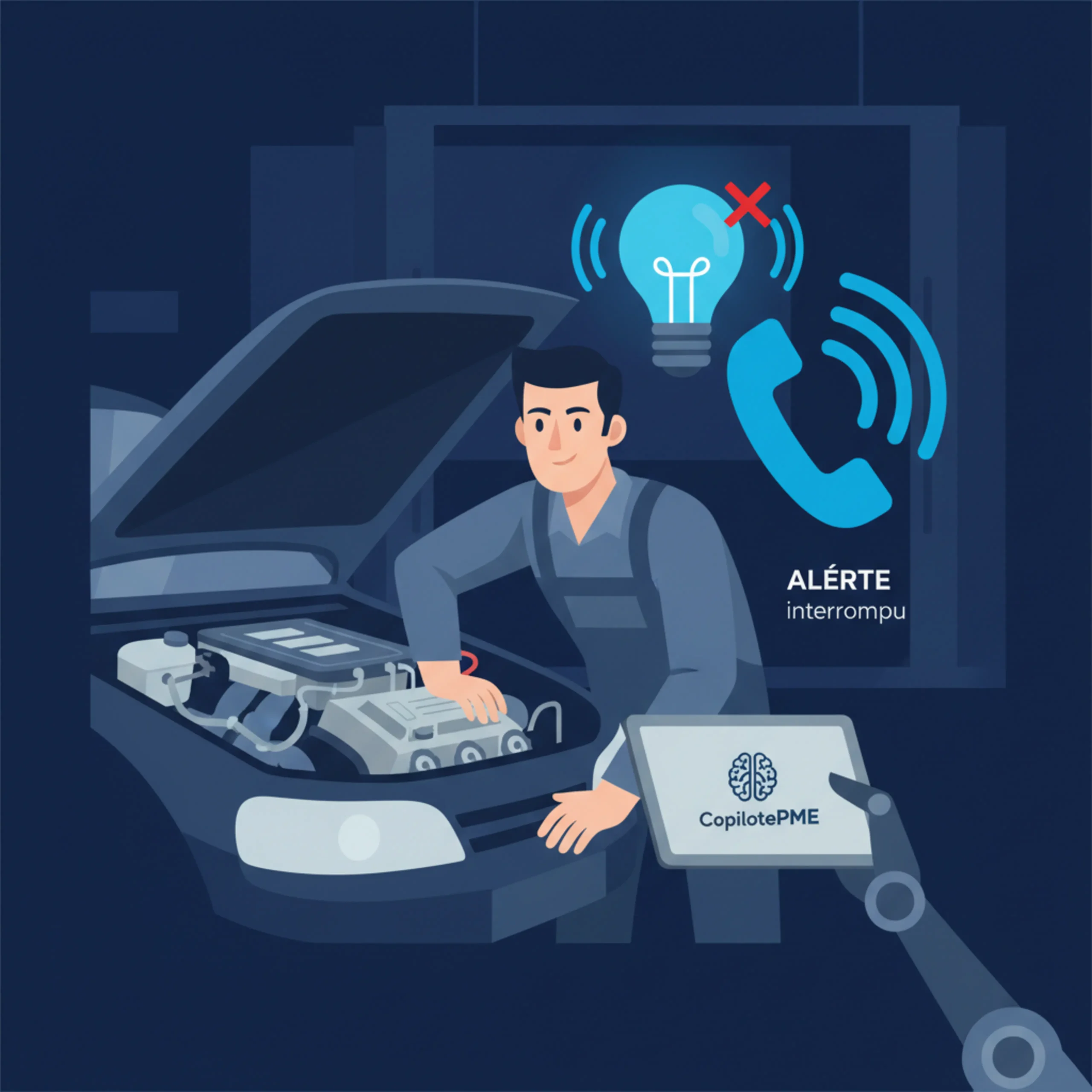 Illustration vectorielle d'un mécanicien perturbé dans sa recherche de panne par un appel téléphonique.