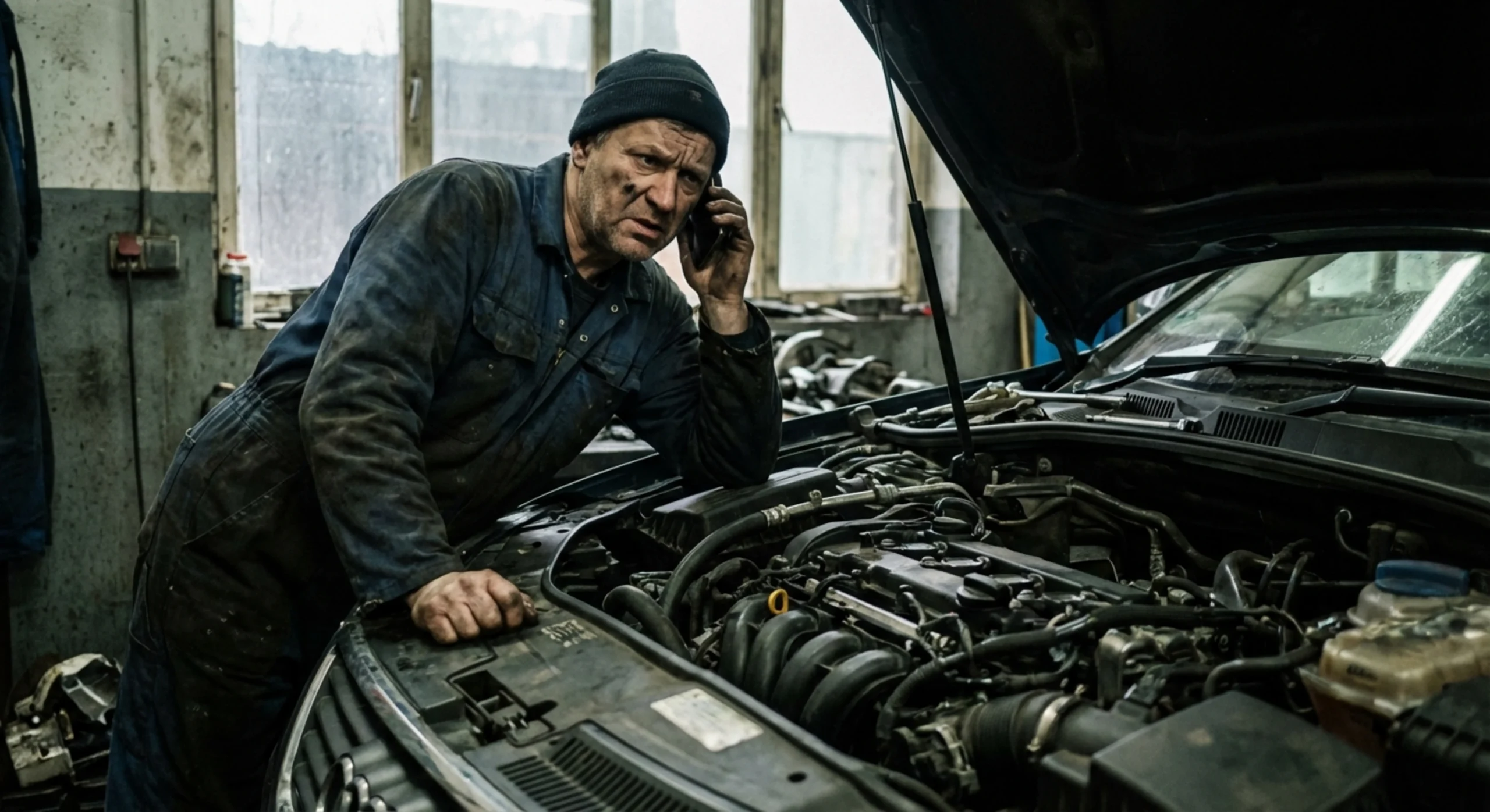 Mécanicien professionnel en plein diagnostic moteur interrompu par un appel téléphonique en atelier.
