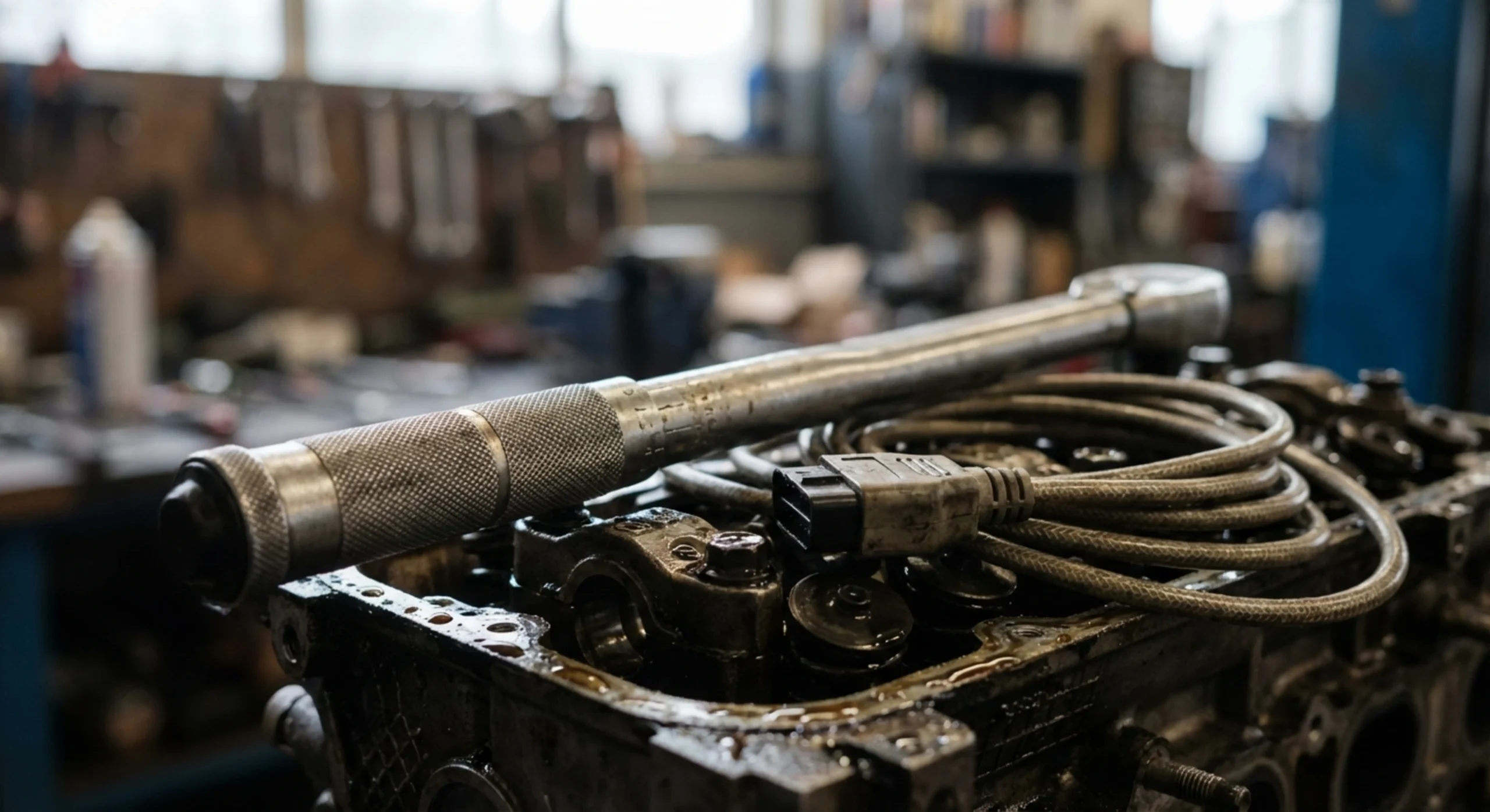 Gros plan macro sur des outils de diagnostic mécanique et un moteur de voiture complexe.