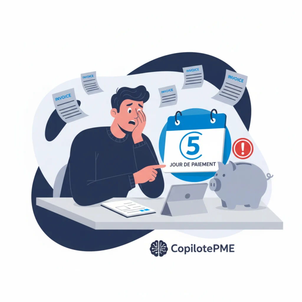 Illustration vectorielle d'un consultant réalisant l'oubli de sa facturation mensuelle, style moderne bleu marine et blanc.