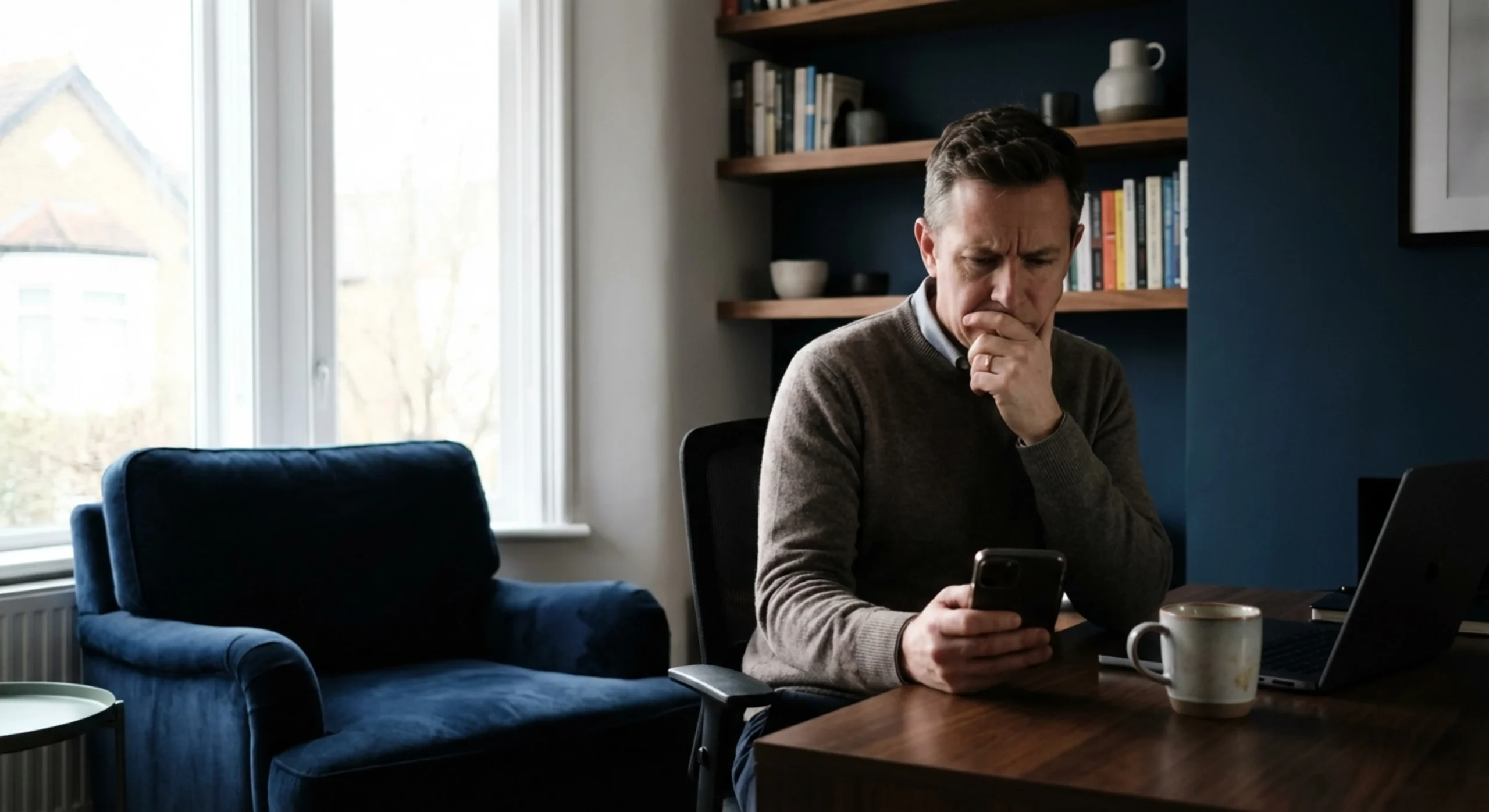 Consultant freelance inquiet consultant son compte bancaire sur son téléphone dans un bureau élégant.