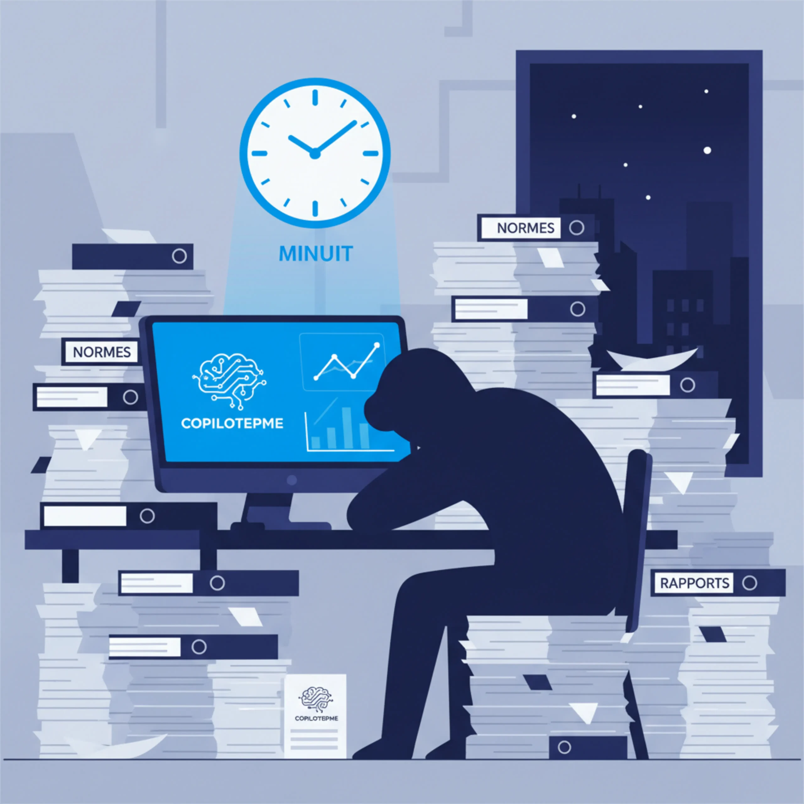 Illustration vectorielle d'un diagnostiqueur immobilier submergé par les rapports et les changements de normes.