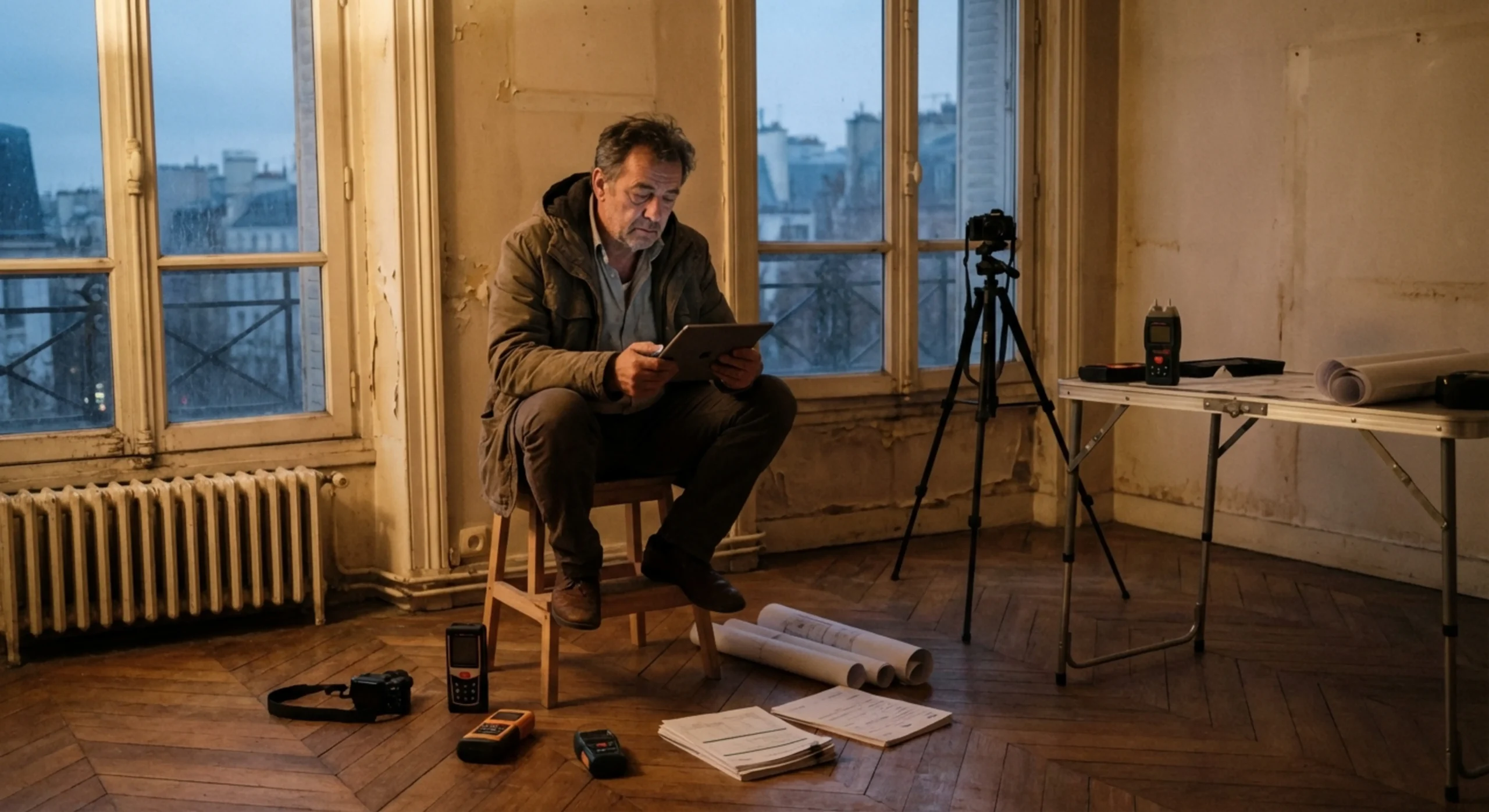 Diagnostiqueur immobilier professionnel travaillant tard sur ses rapports techniques dans un appartement.