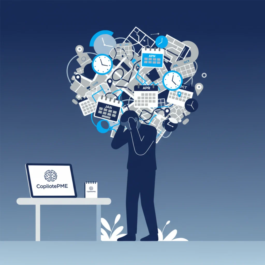 Illustration vectorielle d'un paysagiste face à un planning complexe et désorganisé.