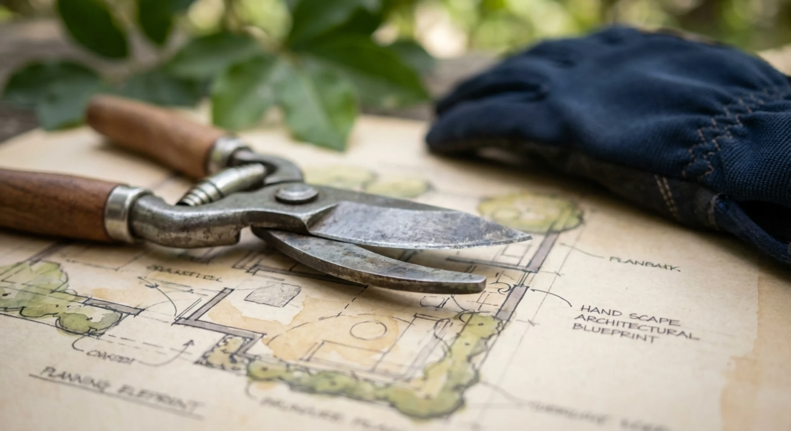 Gros plan sur un sécateur professionnel posé sur un plan de jardin.