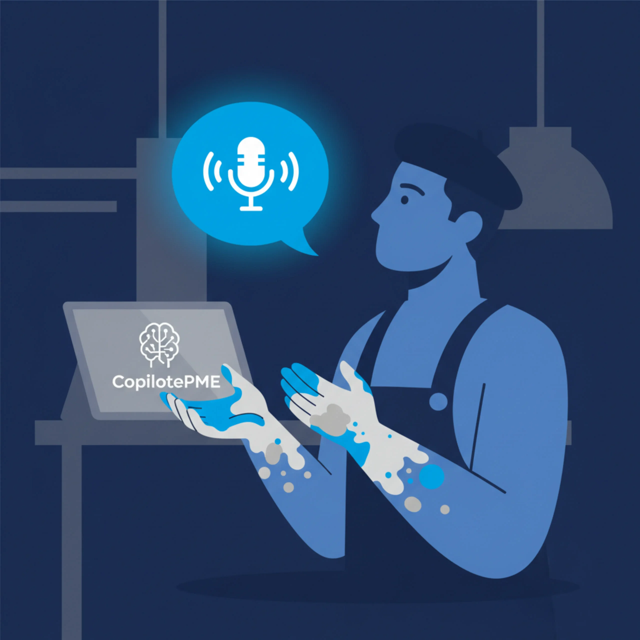 Illustration vectorielle d'un artisan aux mains sales utilisant une commande vocale pour sa productivité.