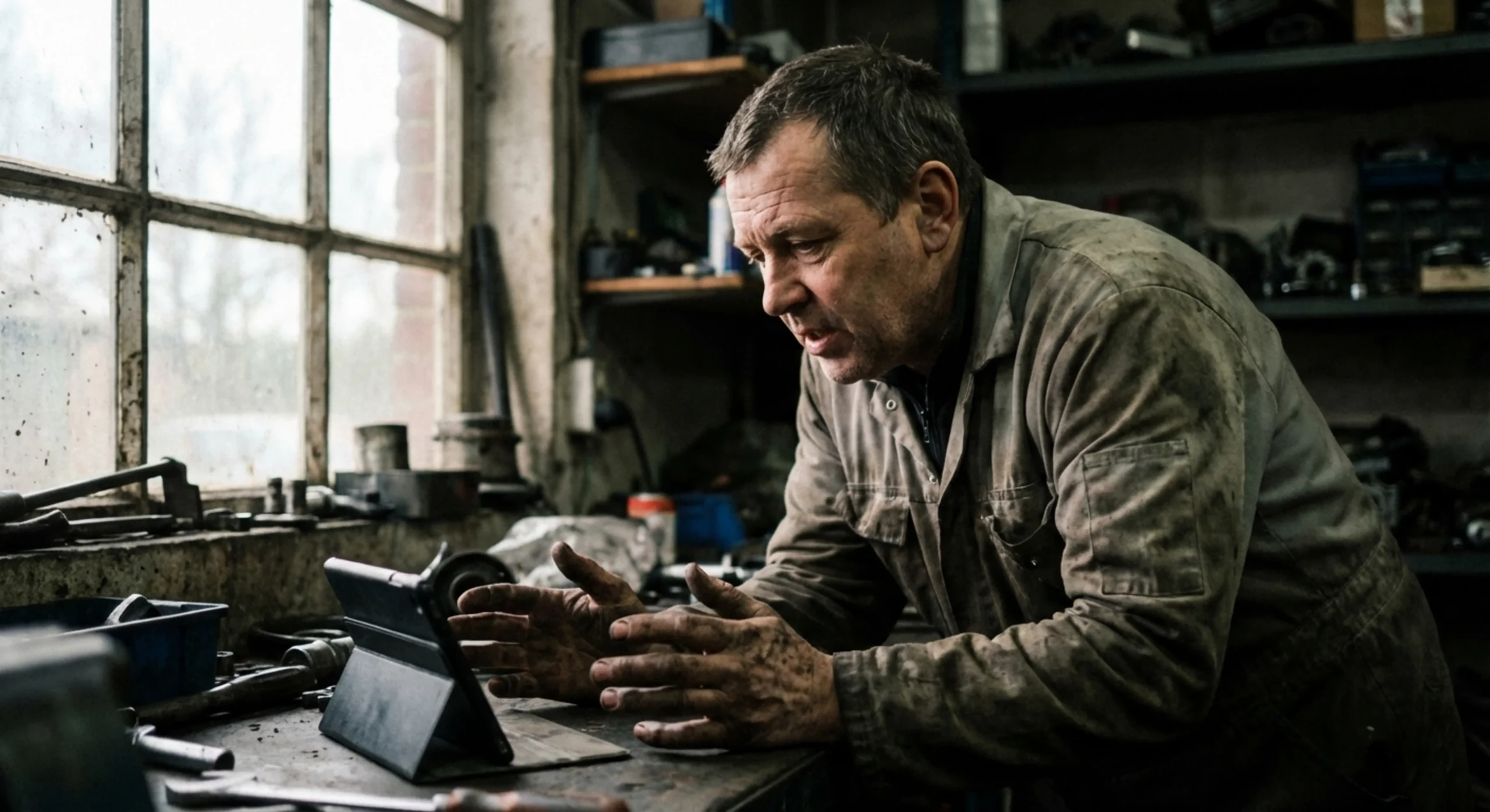 Professionnel de la productivité avec les mains pleines de graisse devant son smartphone en atelier.