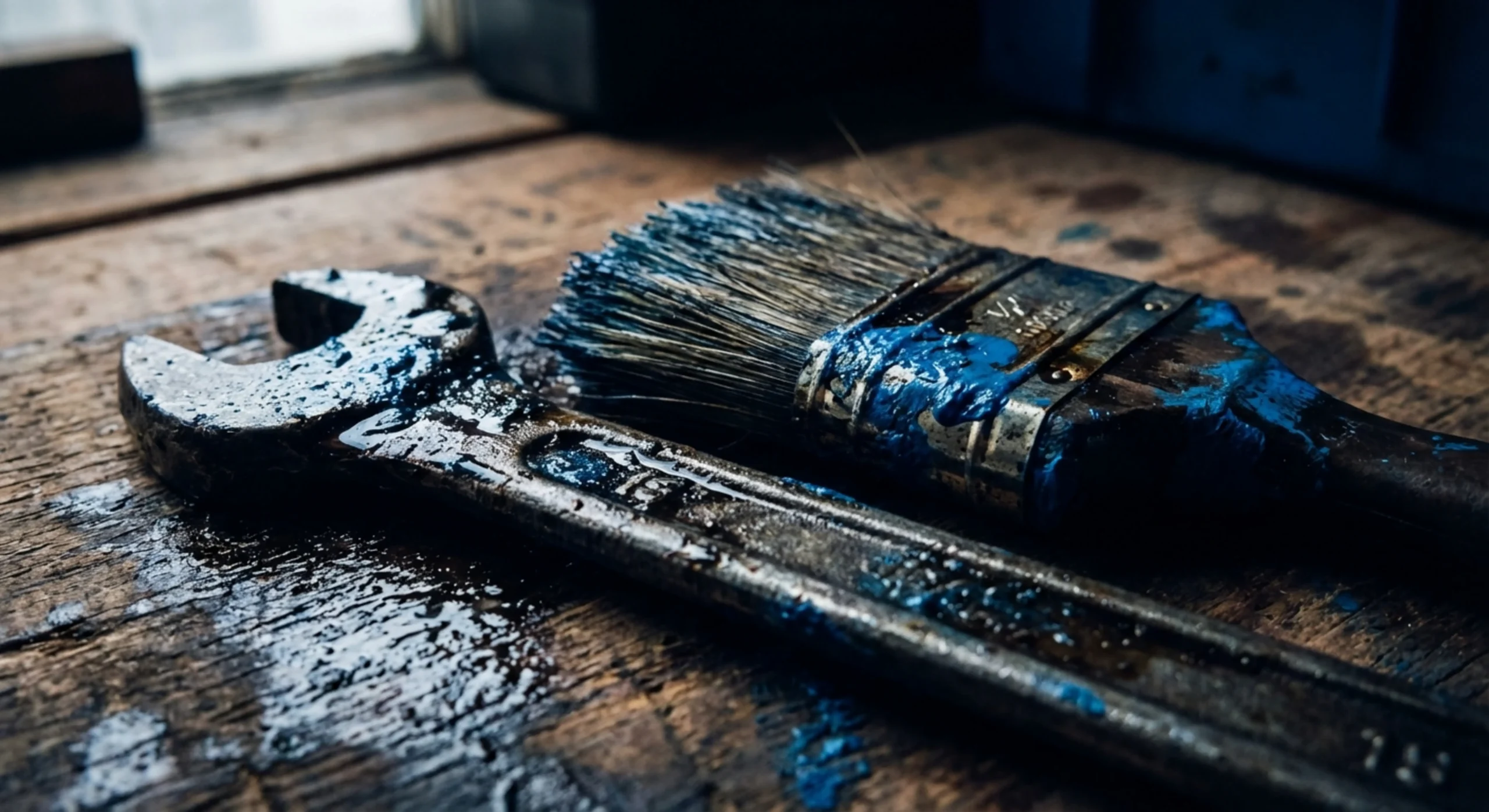 Gros plan macro d'outils d'artisan couverts de peinture et de graisse.