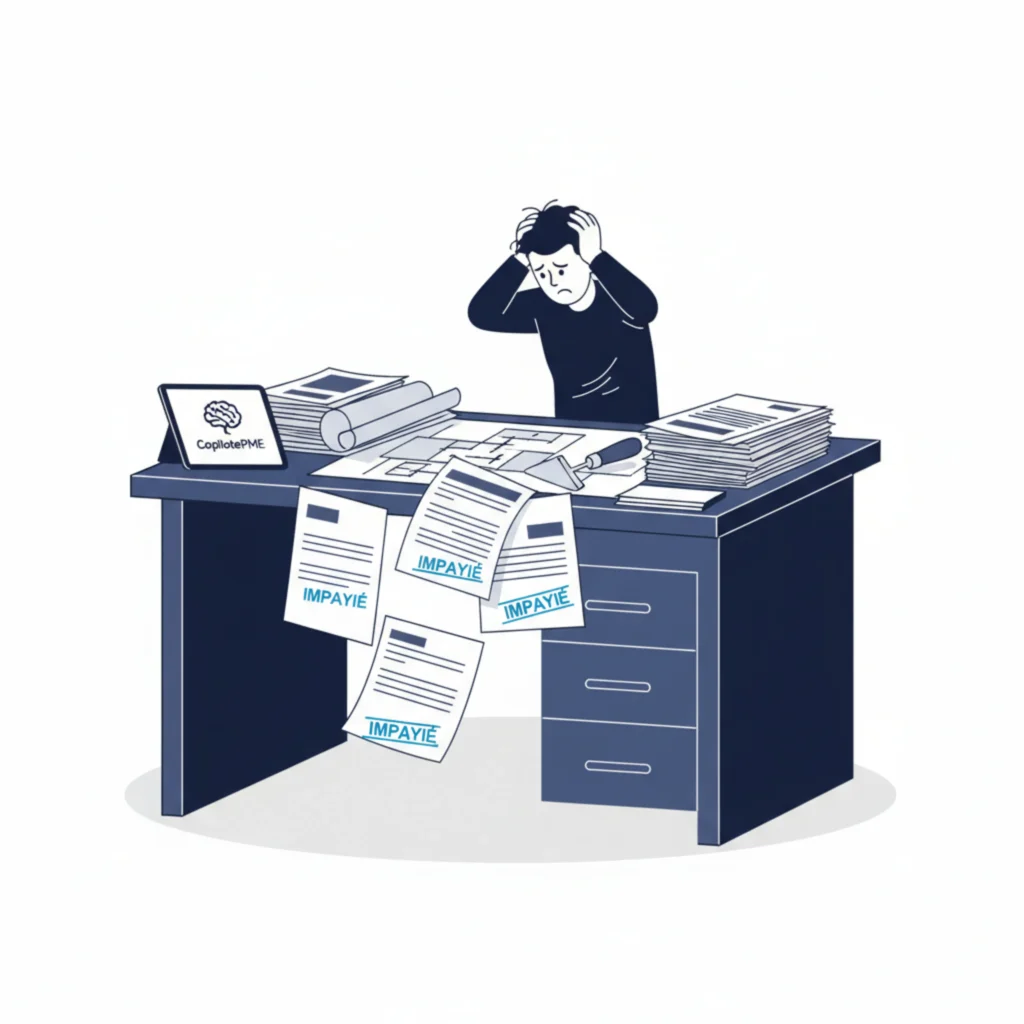 Illustration vectorielle d'un bureau de maçon surchargé de factures impayées