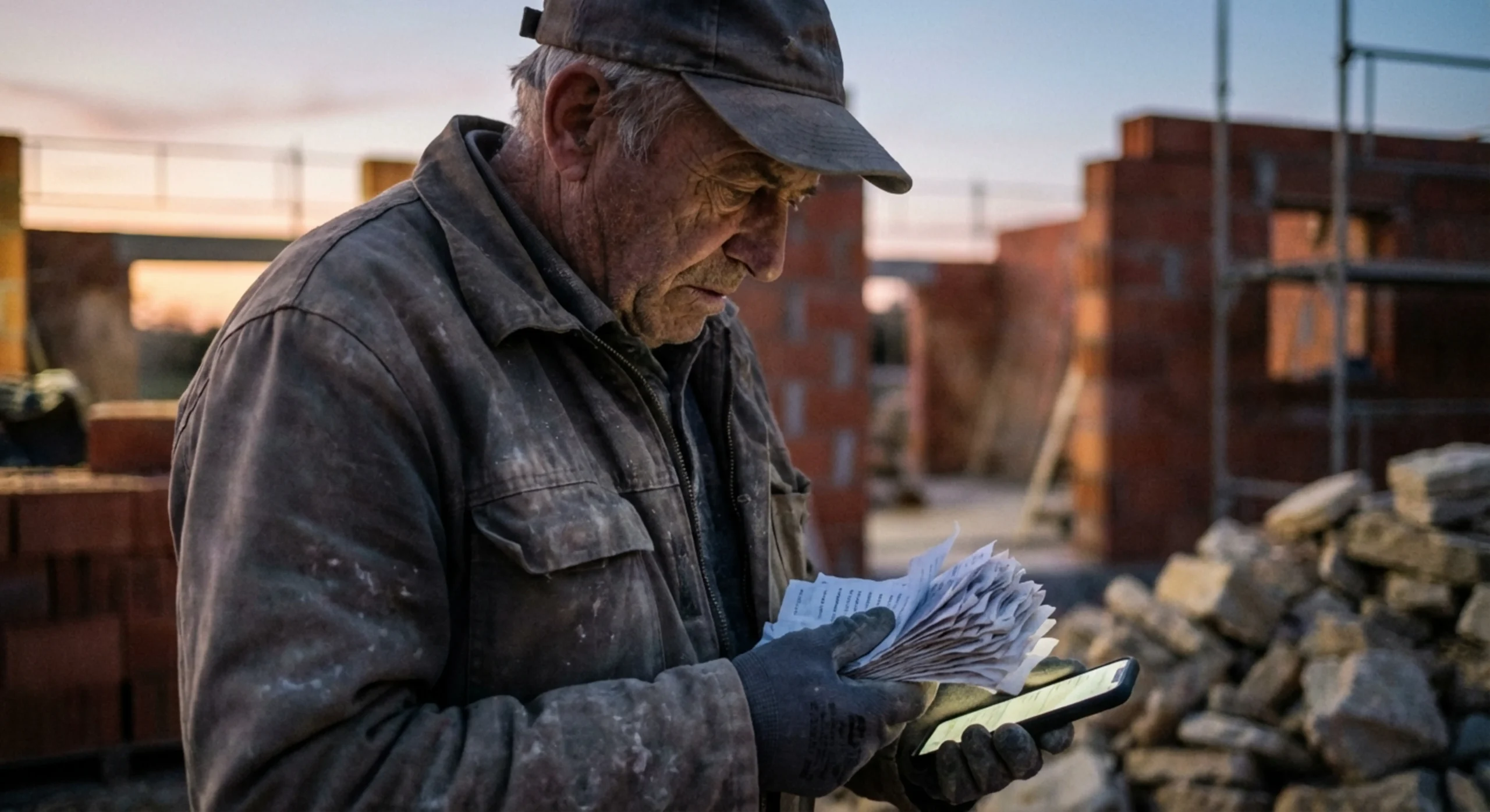 Maçon inquiet consultant son téléphone sur un chantier concernant ses retards de paiement