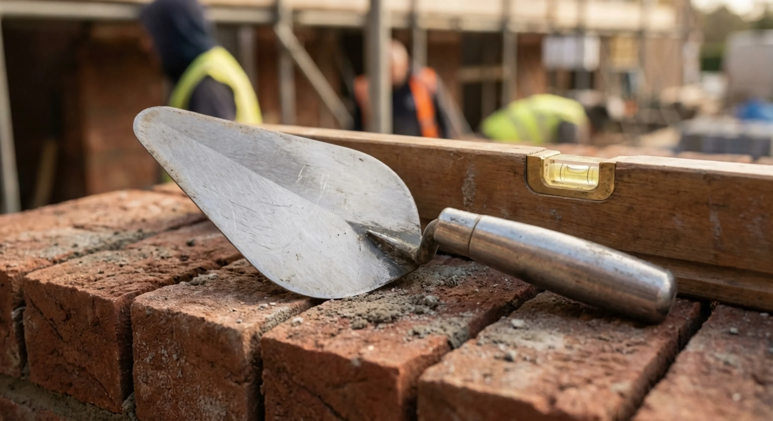 Gros plan haute qualité sur une truelle et un niveau à bulle sur un chantier