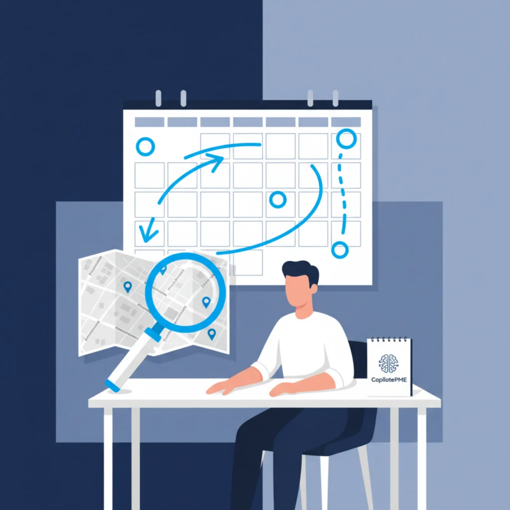 Illustration vectorielle d'un bureau de marketing montrant un calendrier vide et une carte locale sans clients, style moderne bleu marine.