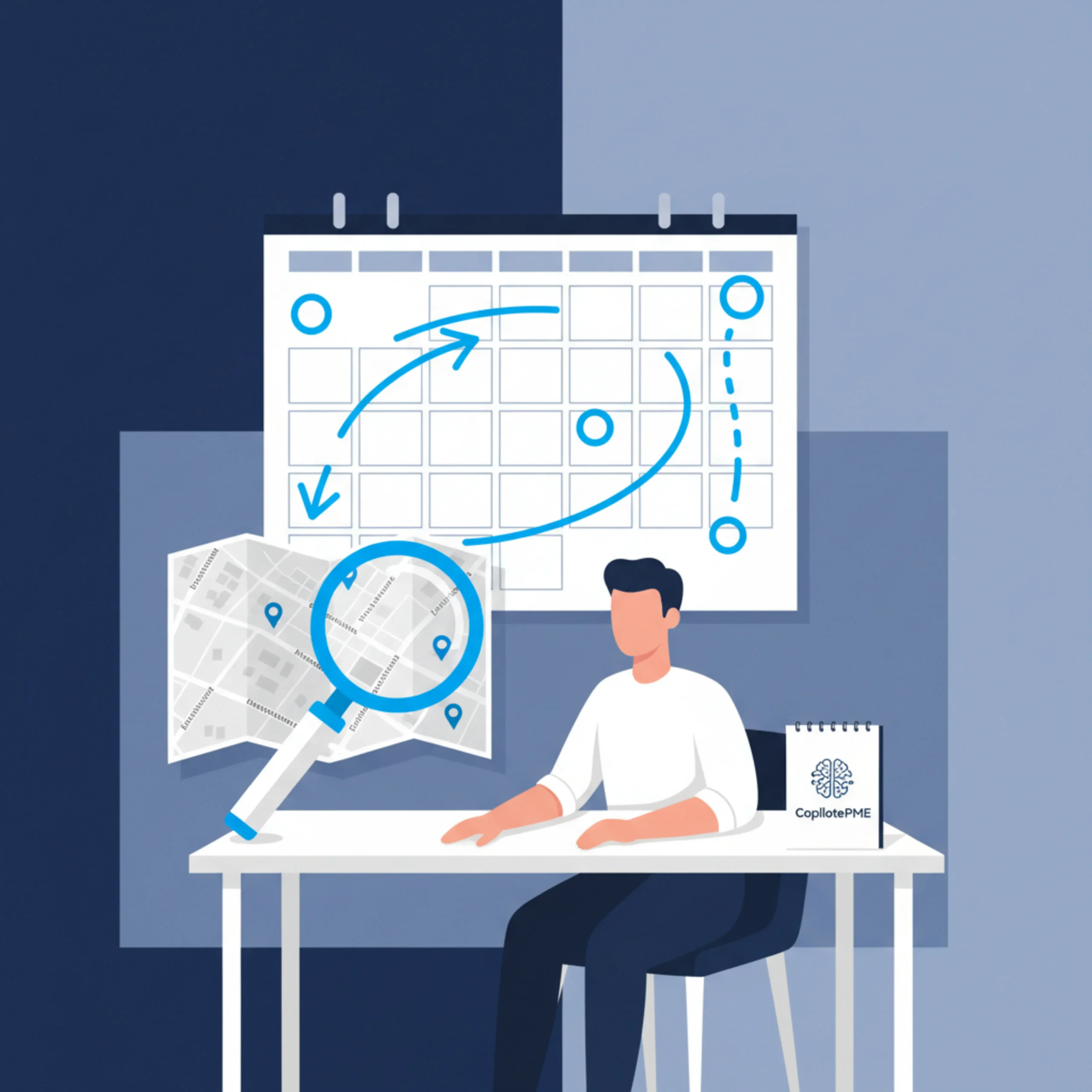 Illustration vectorielle d'un bureau de marketing montrant un calendrier vide et une carte locale sans clients, style moderne bleu marine.