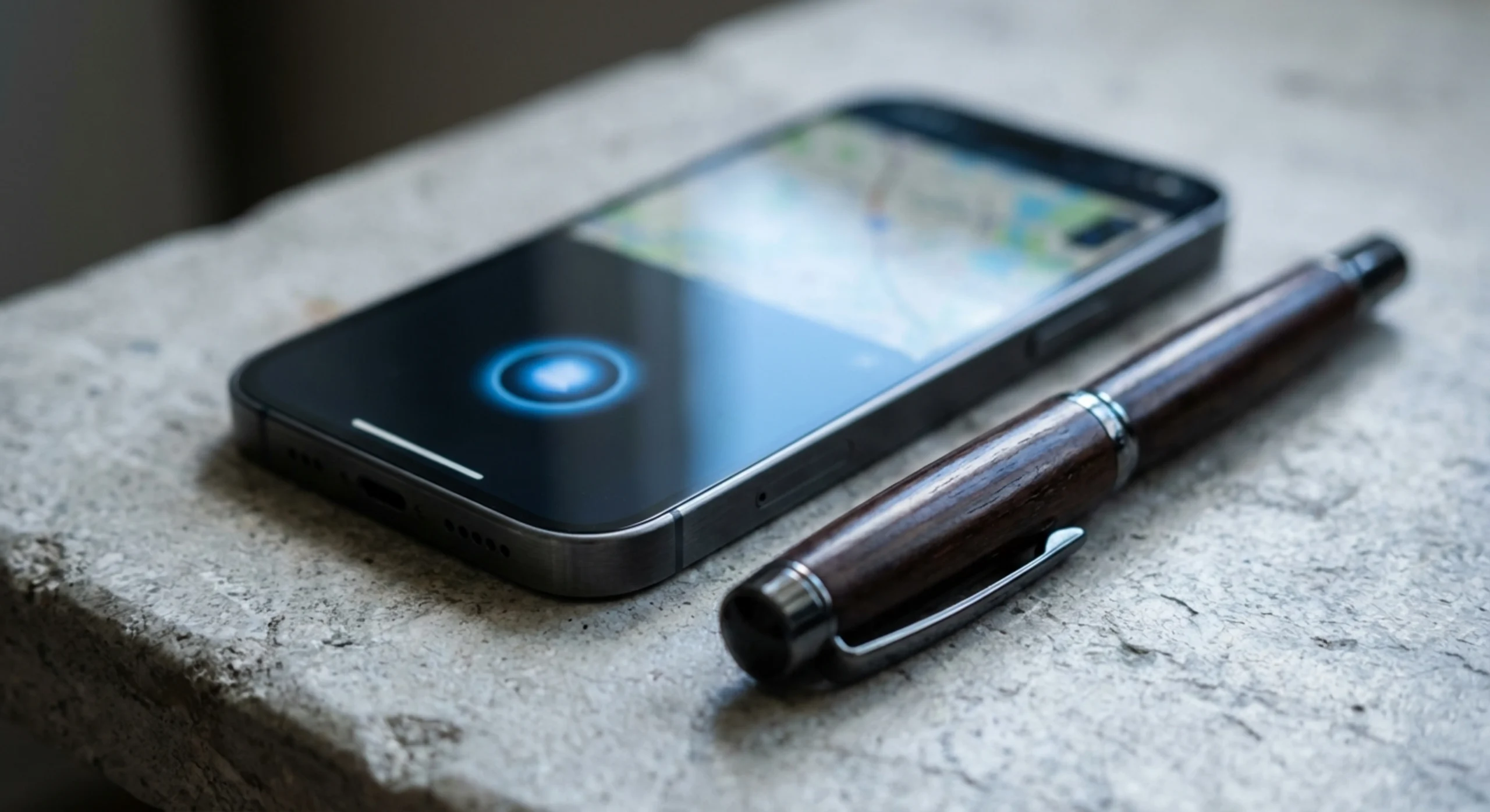 Gros plan macro d'un smartphone et d'un stylo de luxe sur un bureau, symbolisant la communication locale.