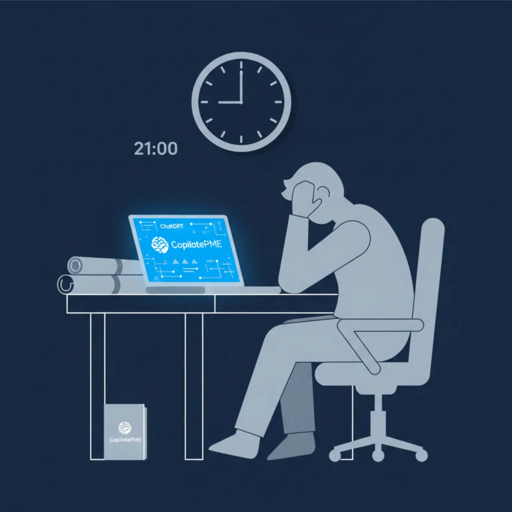 Illustration vectorielle d'un artisan BTP fatigué devant son ordinateur à 21h