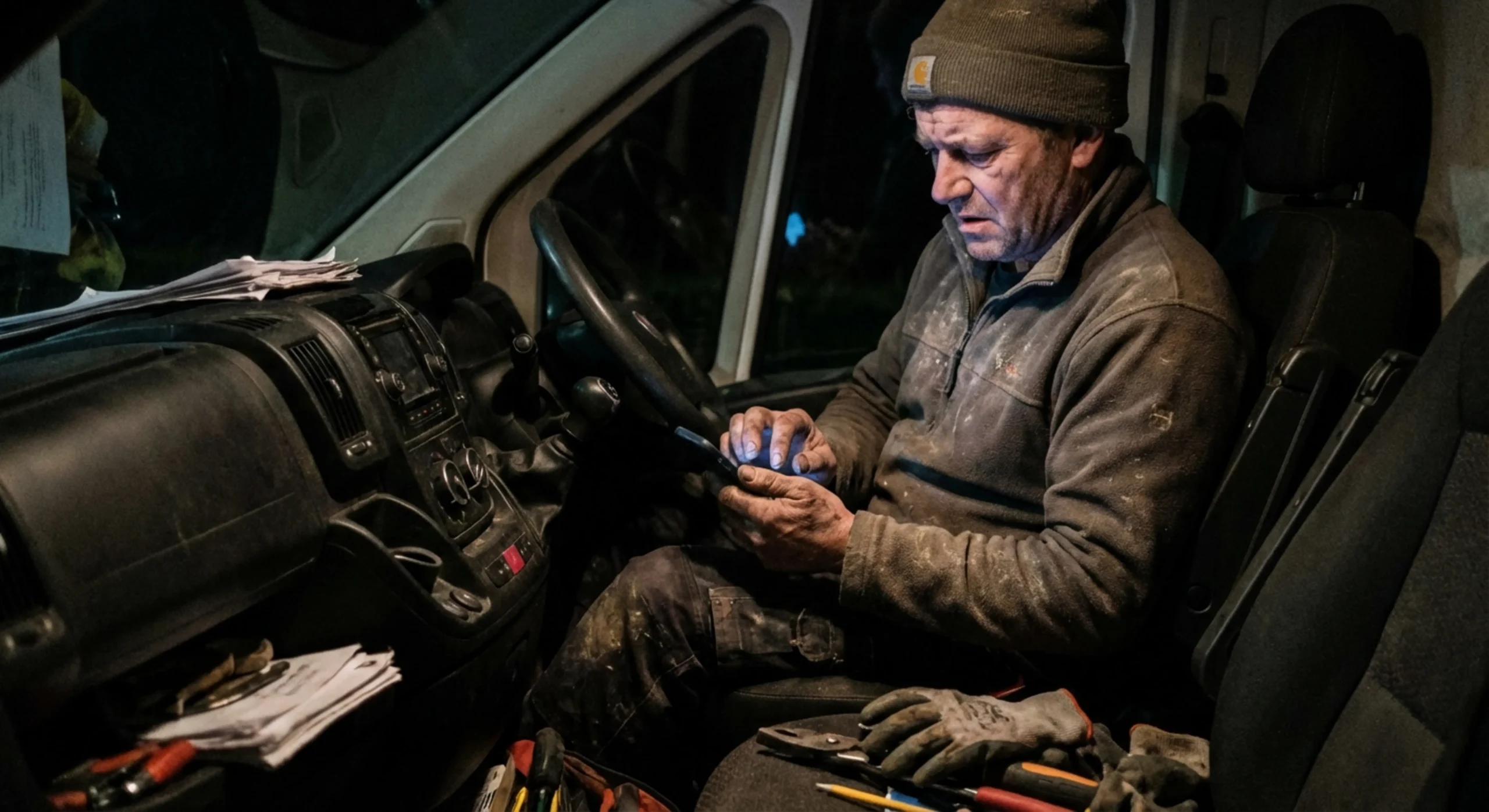 Artisan BTP épuisé essayant de rédiger un message sur son téléphone dans sa camionnette le soir