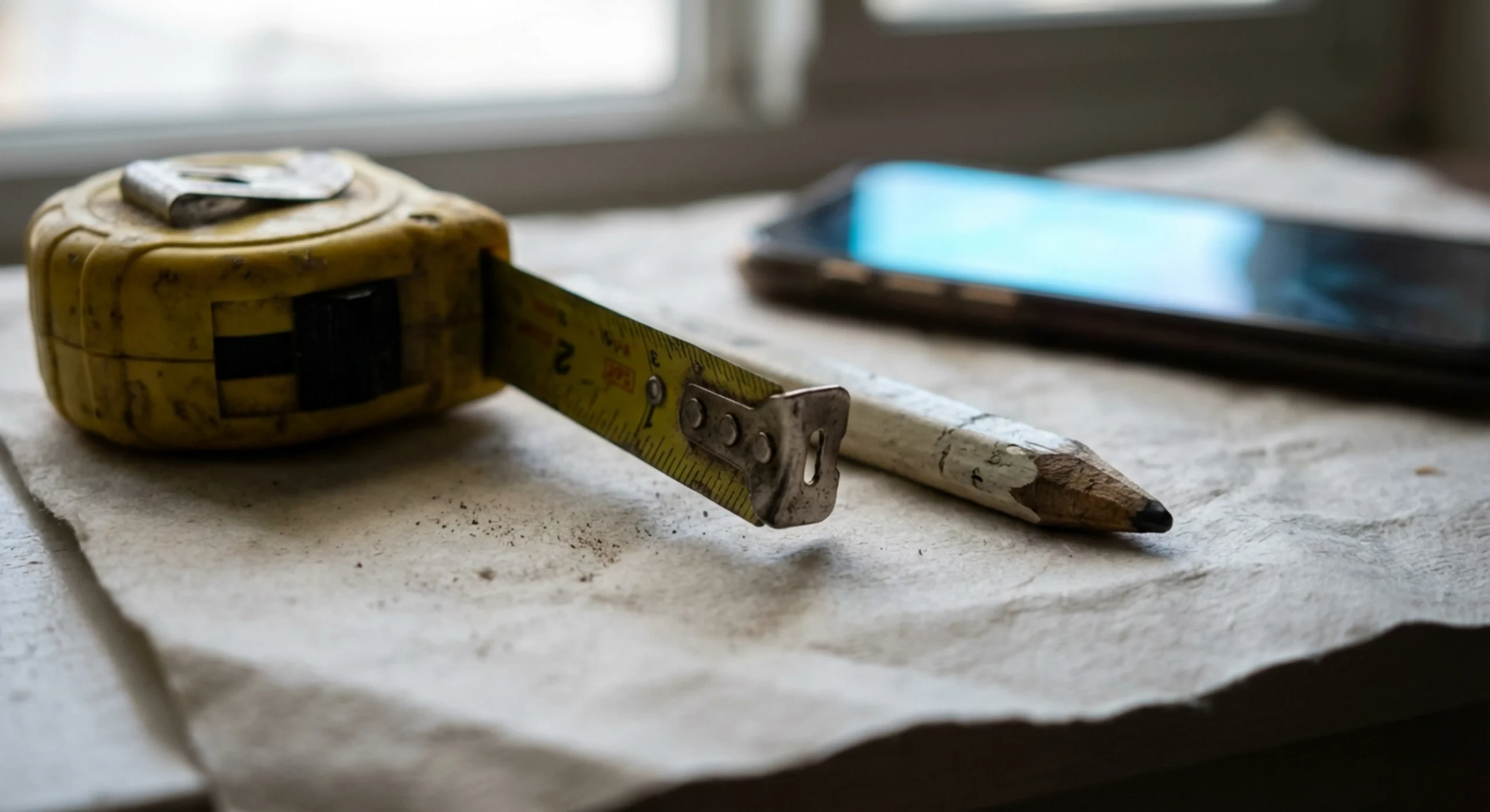 Gros plan sur un mètre ruban et un crayon de chantier posés sur un devis