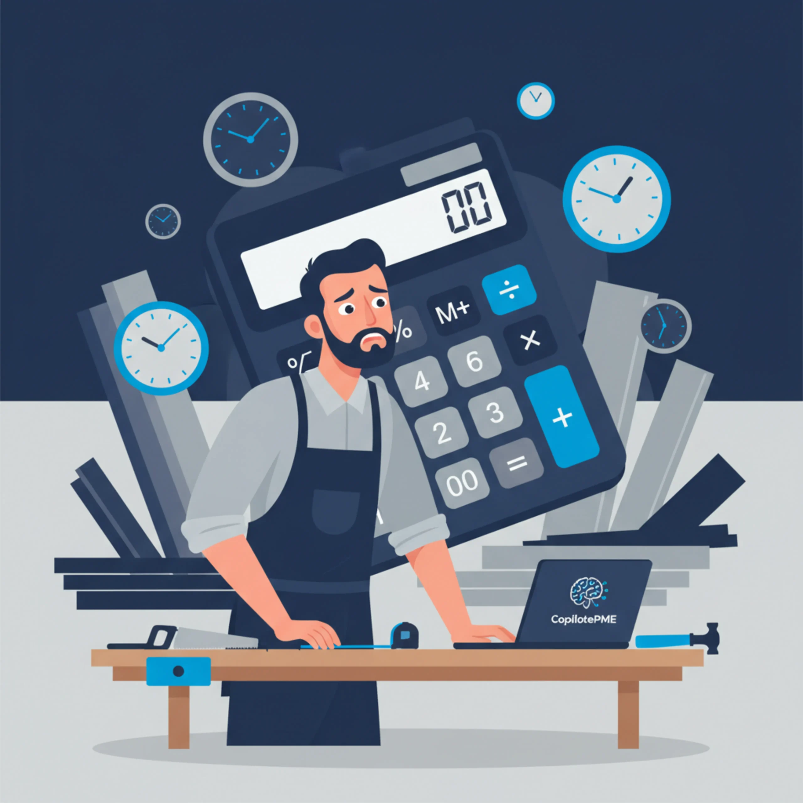 Illustration vectorielle d'un menuisier face au stress du calcul de marge immédiat