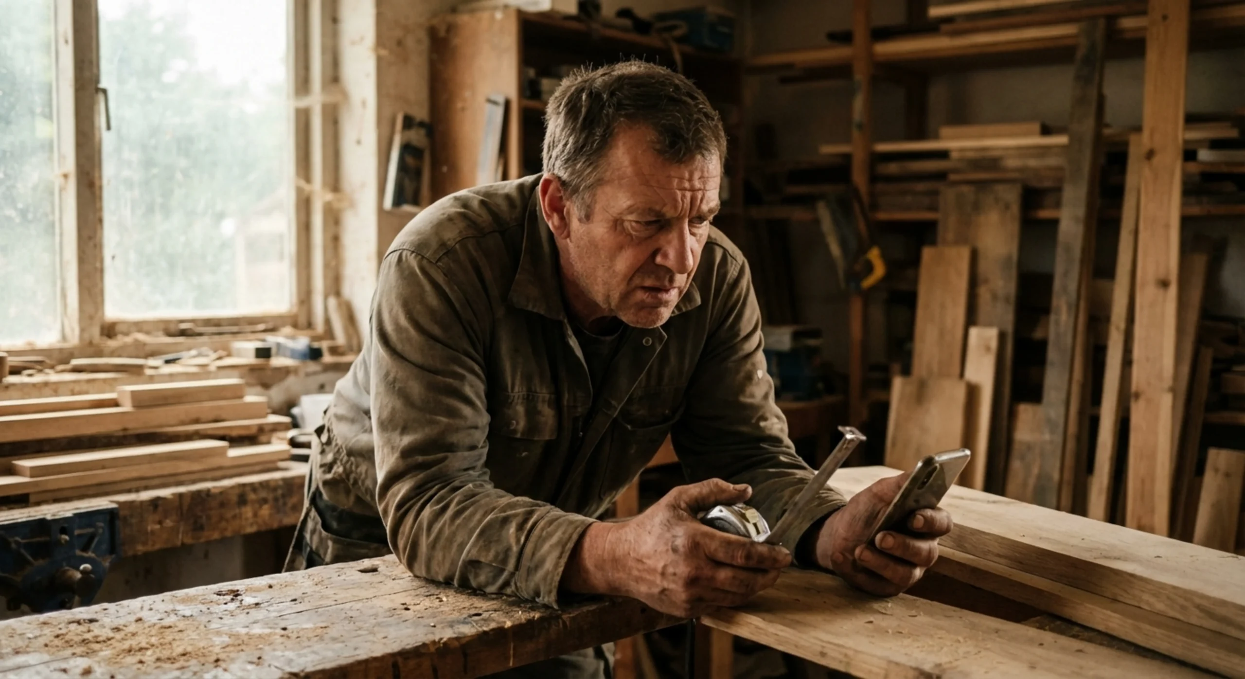 Menuisier professionnel dans son atelier cherchant à calculer un prix précis sur son téléphone