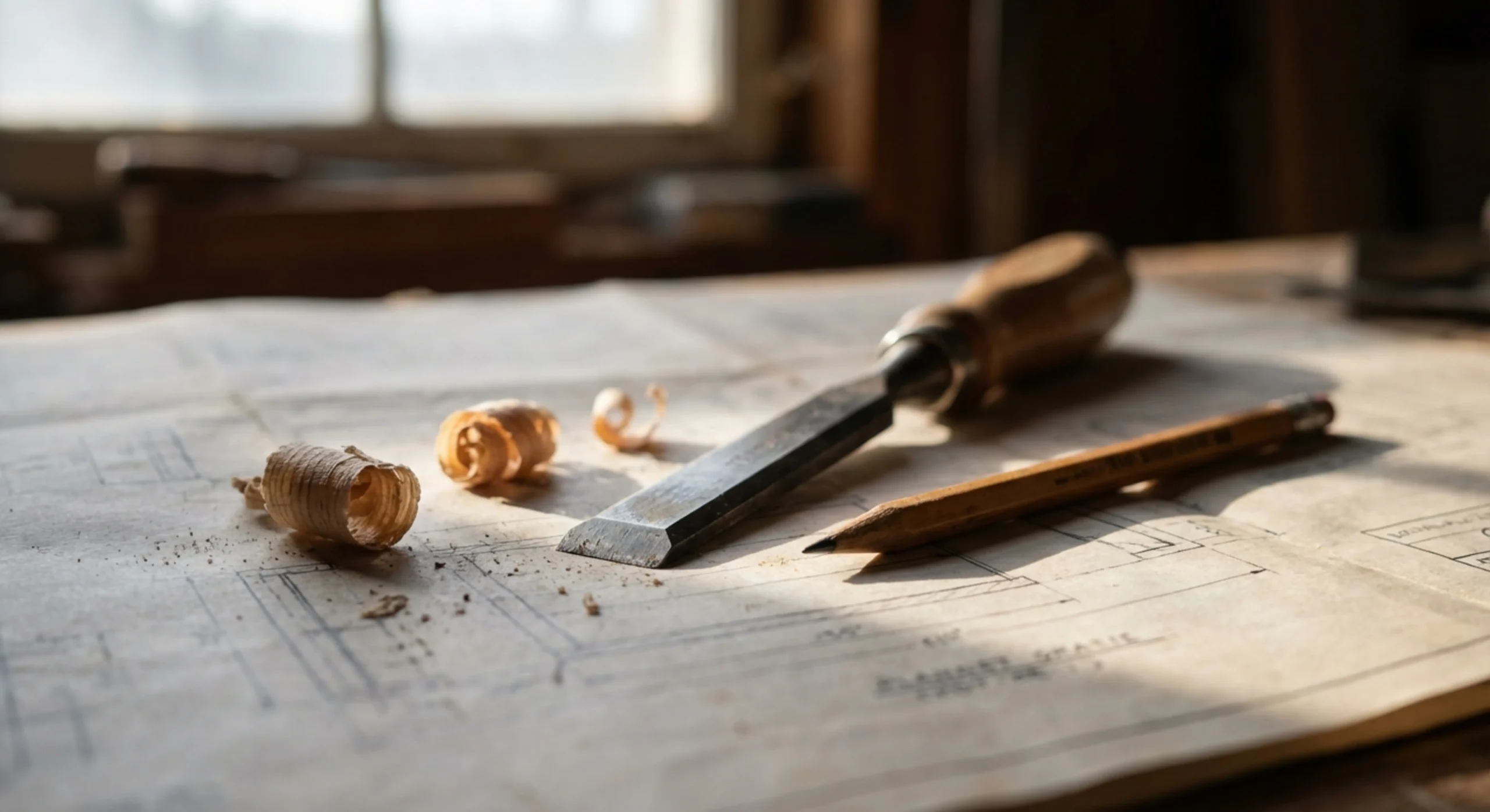 Gros plan macro sur des outils de menuisier et un plan de fabrication