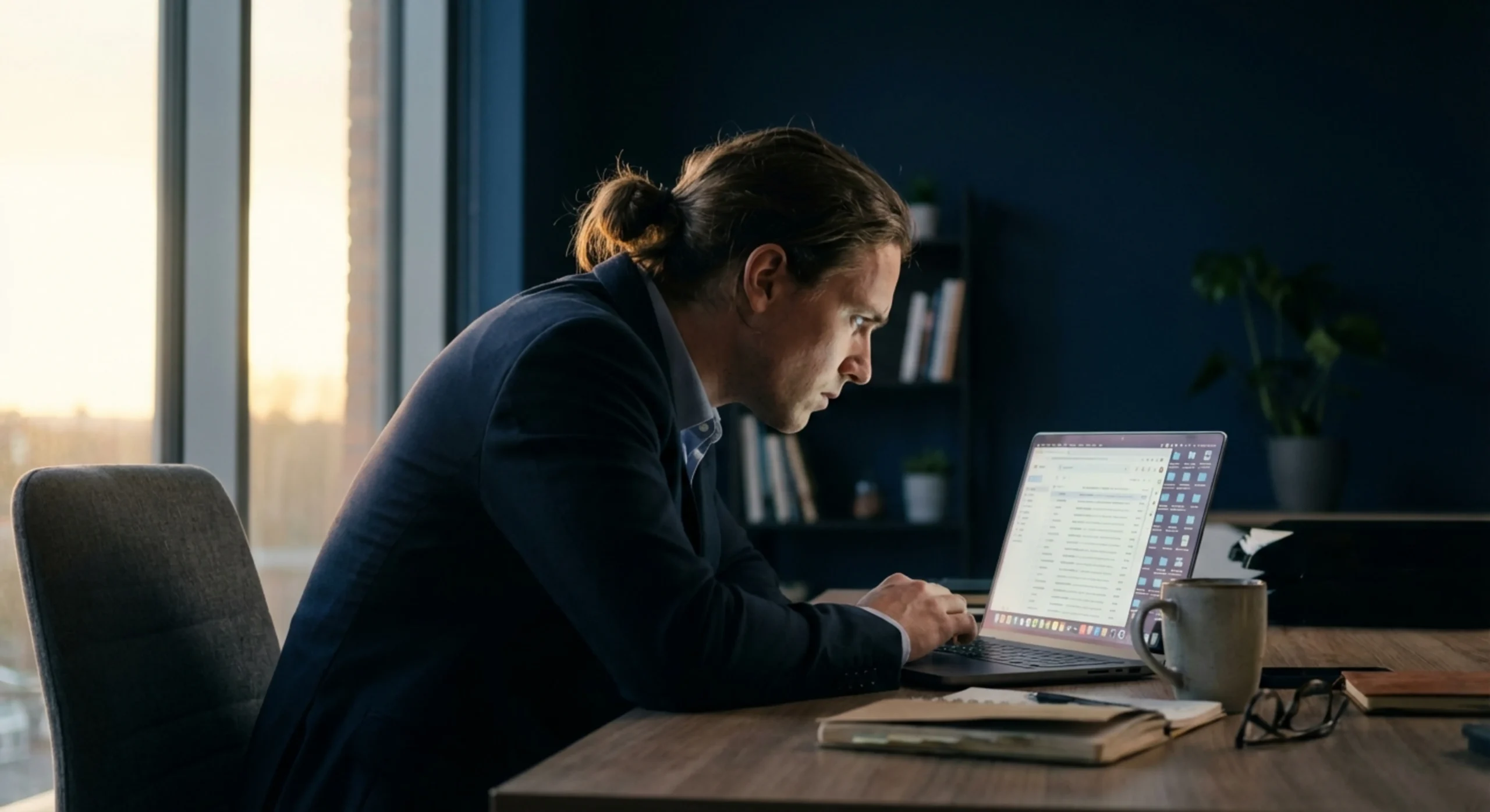 Consultant en stratégie d'entreprise travaillant tard le soir, exprimant la concentration et la fatigue.