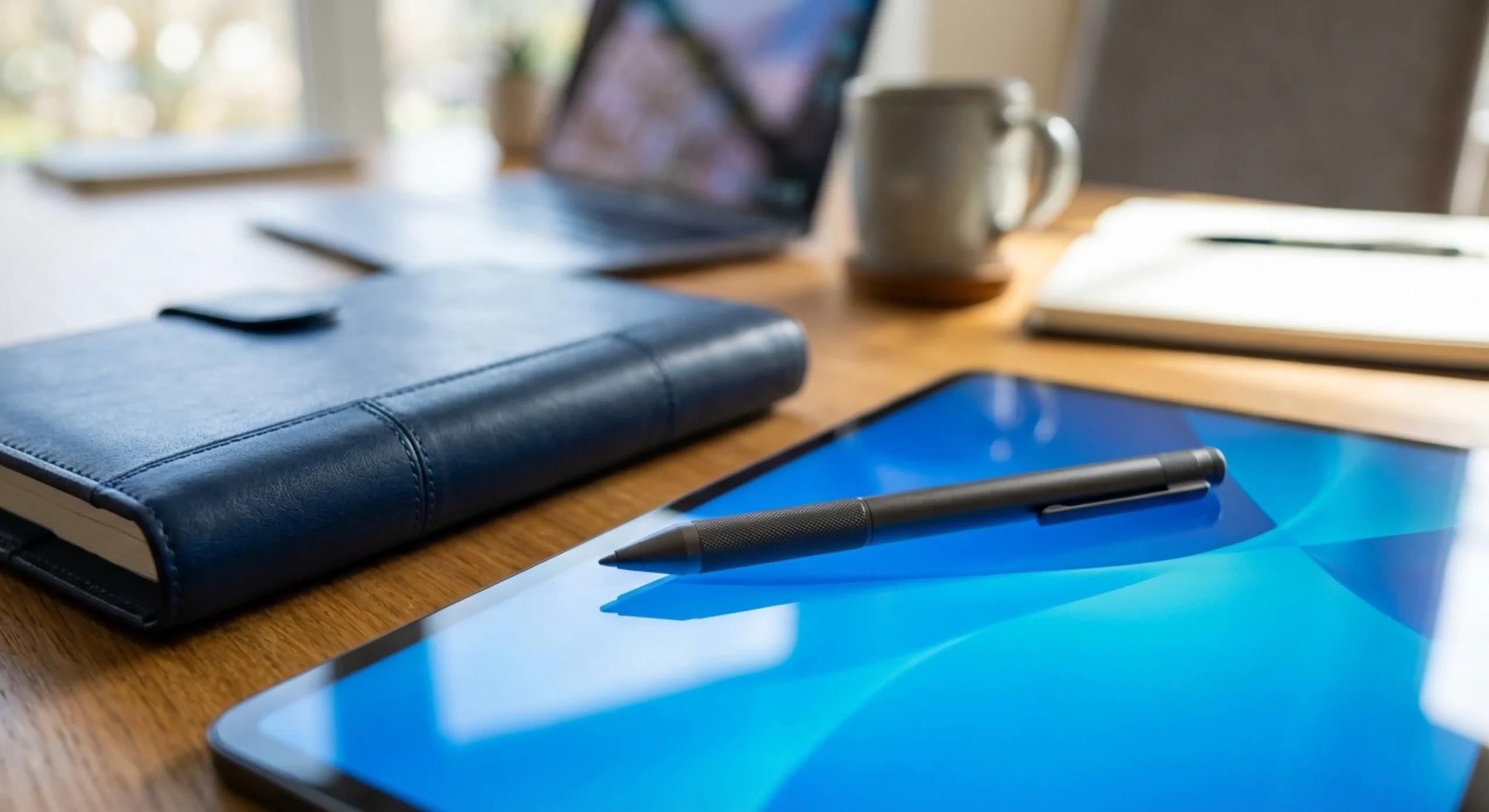 Gros plan macro sur une tablette numérique et un stylet dans un environnement de bureau haut de gamme.