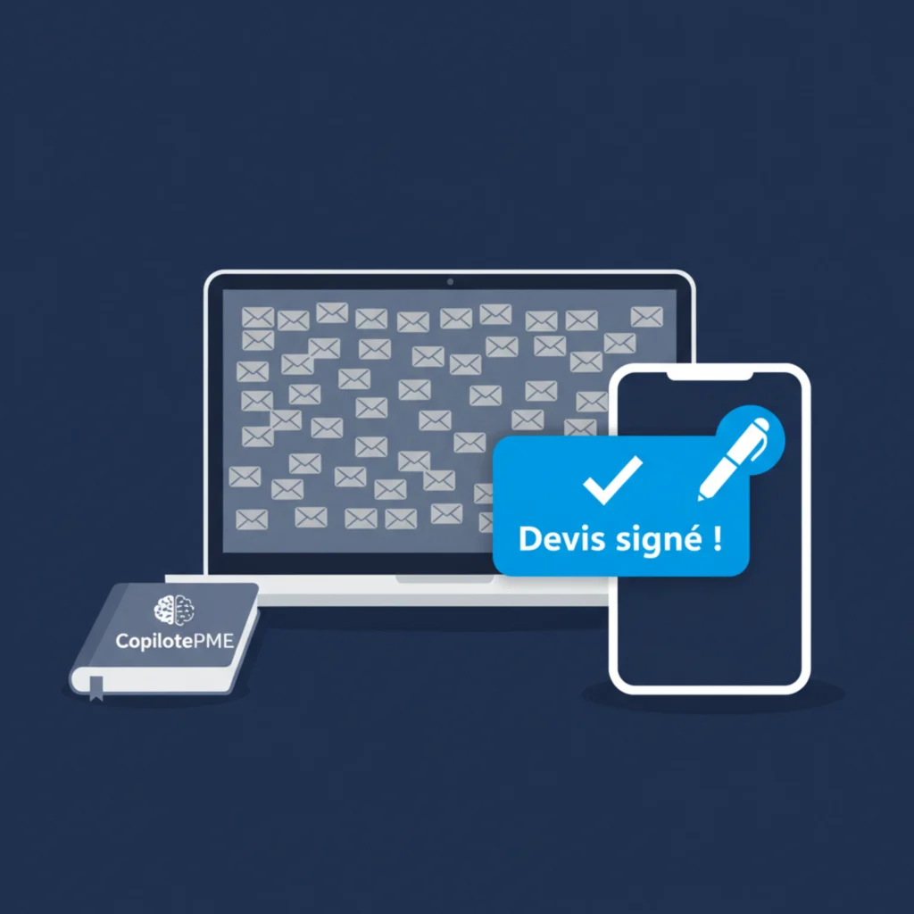 Illustration vectorielle montrant un smartphone avec une notification bleue de signature de devis émergeant d'un tas de mails grisés.