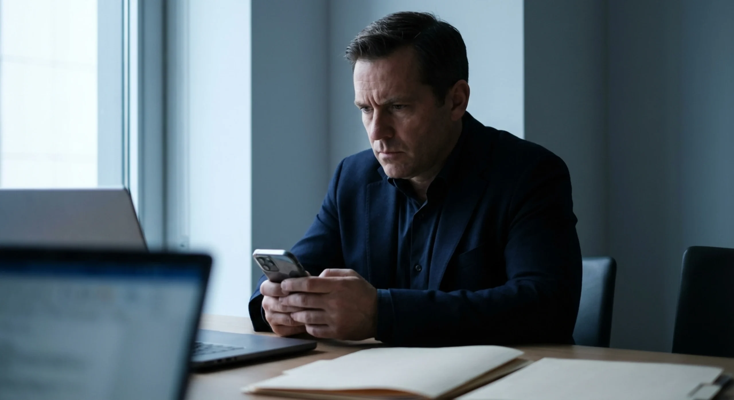 Un professionnel de la vente concentré consultant son téléphone portable dans un bureau moderne pour suivre ses signatures de devis.