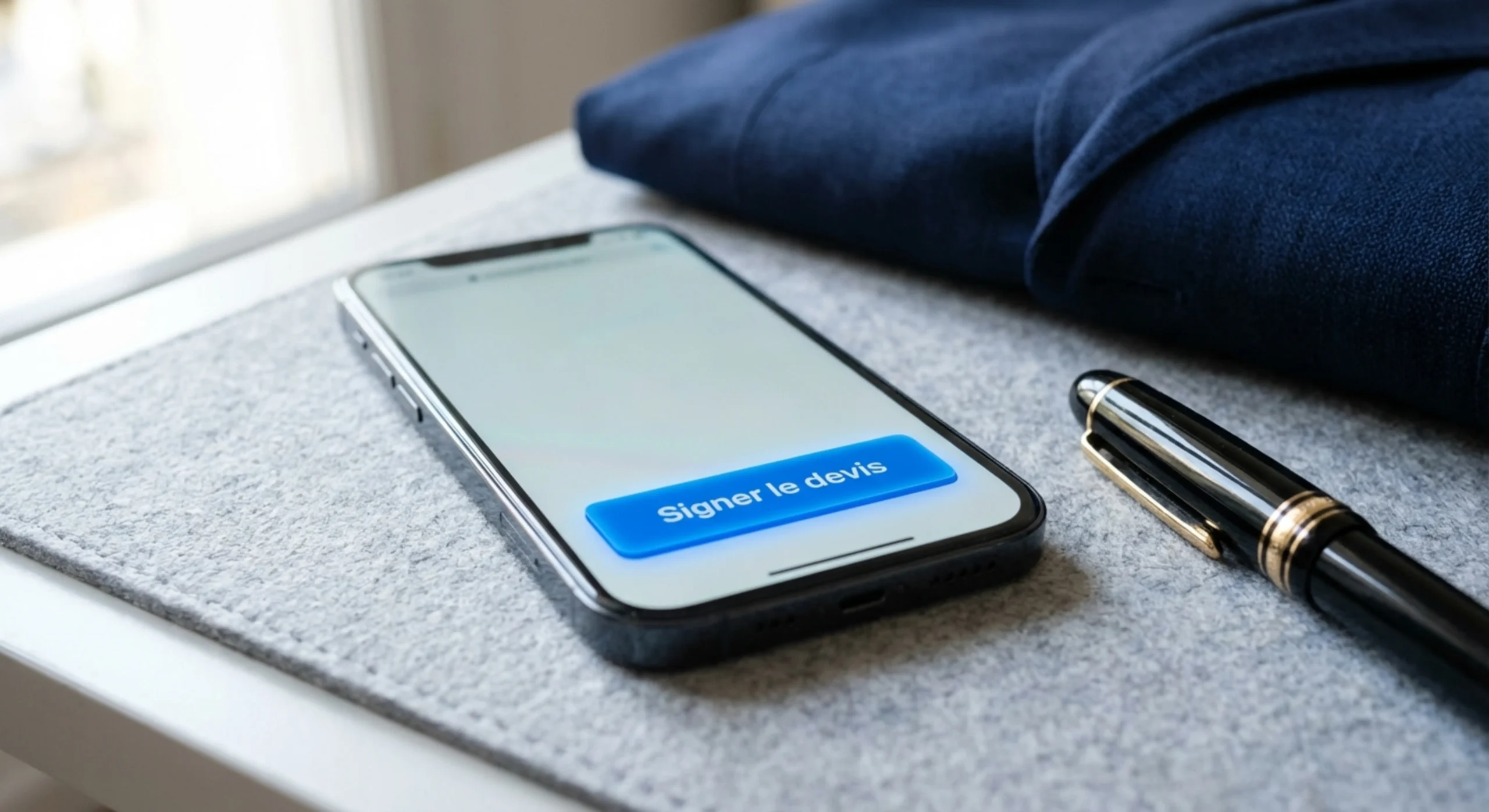 Gros plan macro d'un smartphone affichant une interface de signature électronique pour un devis commercial.