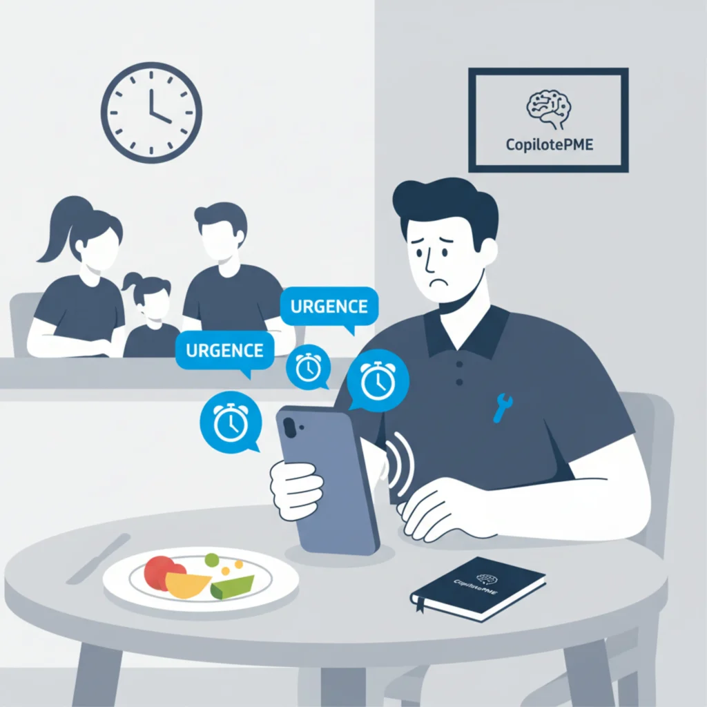 Illustration vectorielle d'un plombier interrompu pendant son déjeuner dominical par des notifications d'appels urgents sur son smartphone.