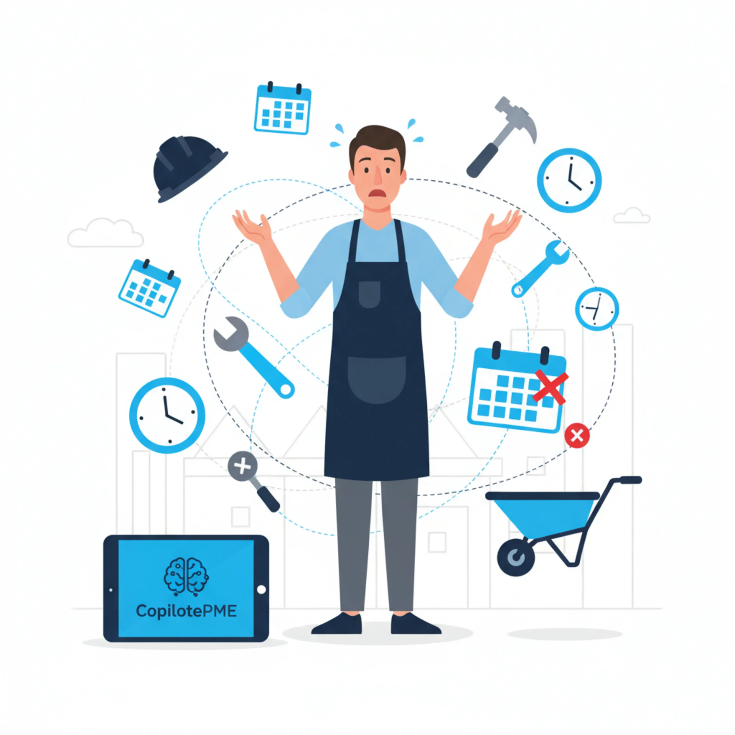Illustration vectorielle montrant les difficultés de coordination d'un artisan face à plusieurs chantiers